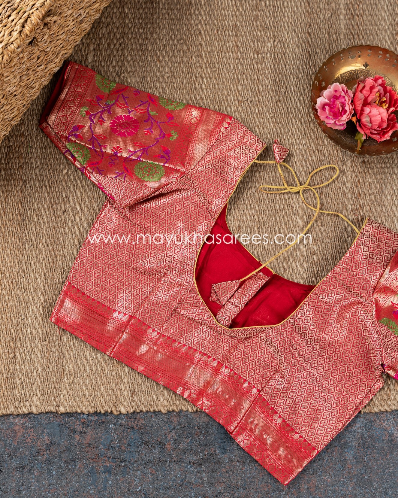 Purple And Red Banarasi Kora Saree With Paithani Borders And Stitched Custom Blouse