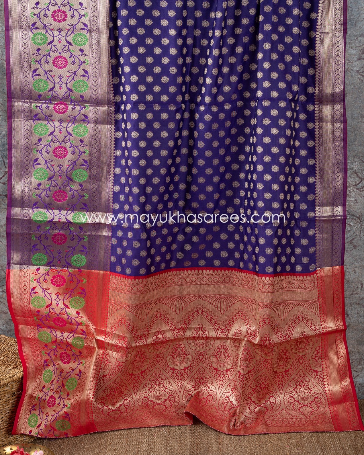 Purple And Red Banarasi Kora Saree With Paithani Borders And Stitched Custom Blouse