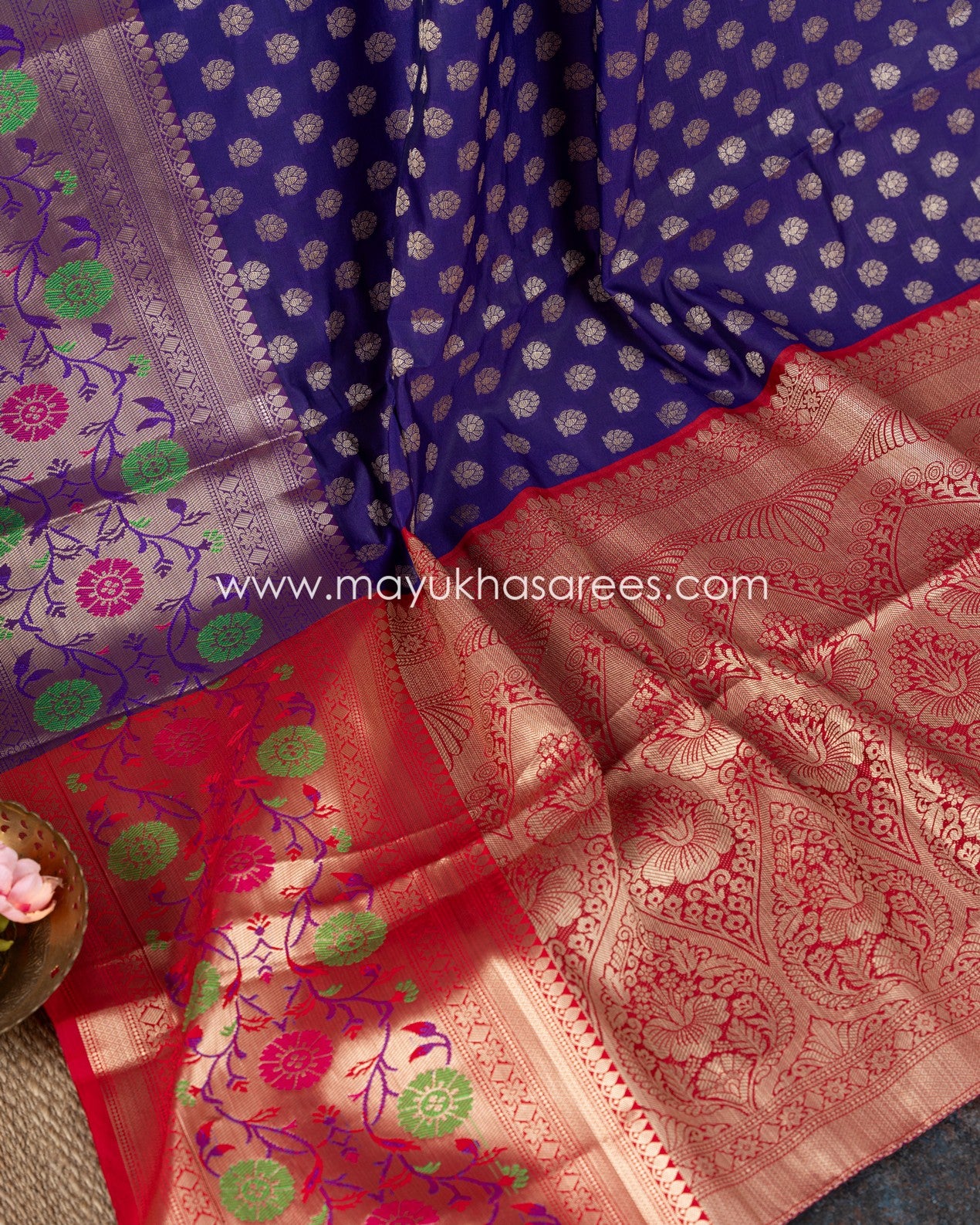 Purple And Red Banarasi Kora Saree With Paithani Borders And Stitched Custom Blouse