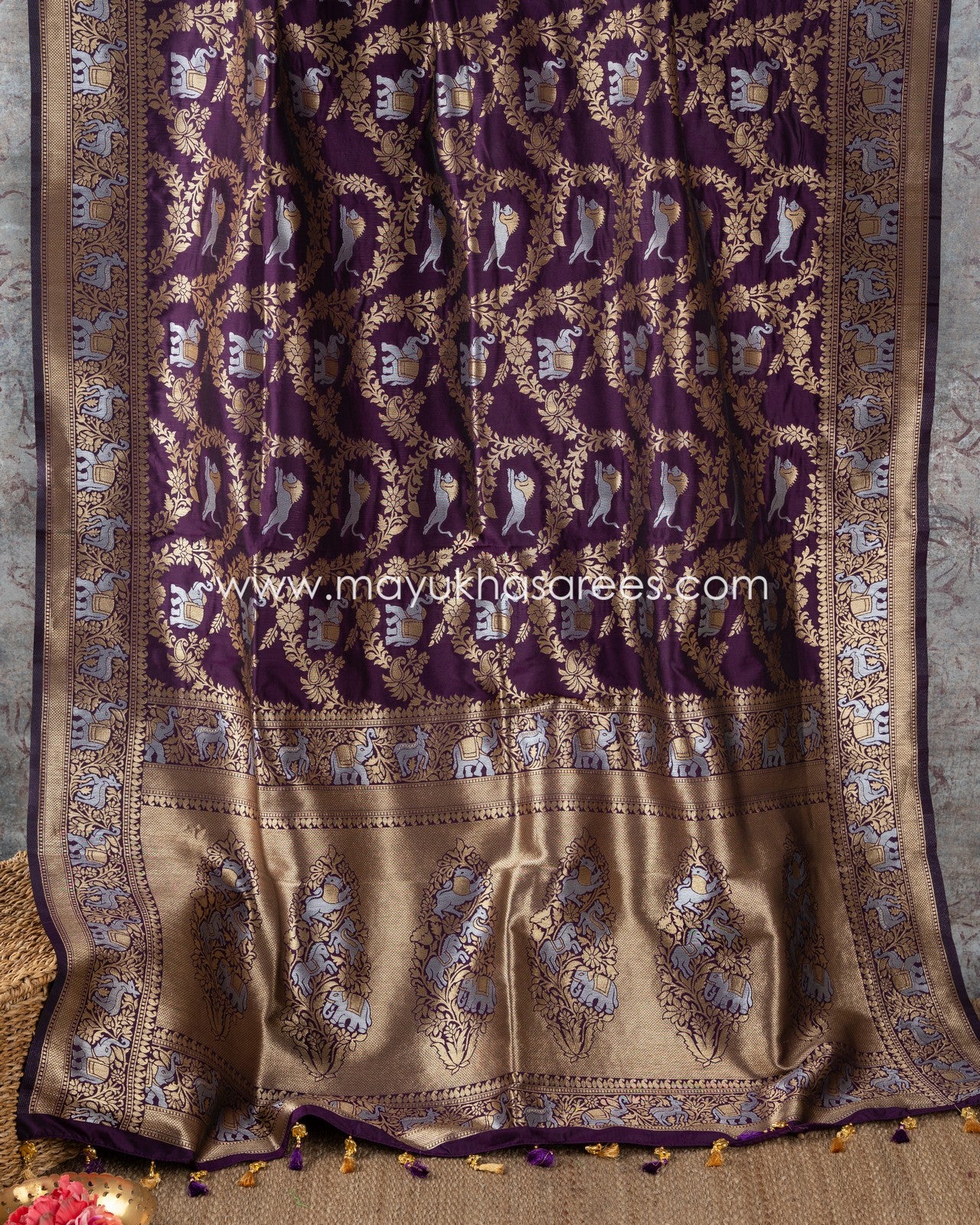 Mystique Wine: Banarasi Soft Silk Saree With Maggam Work