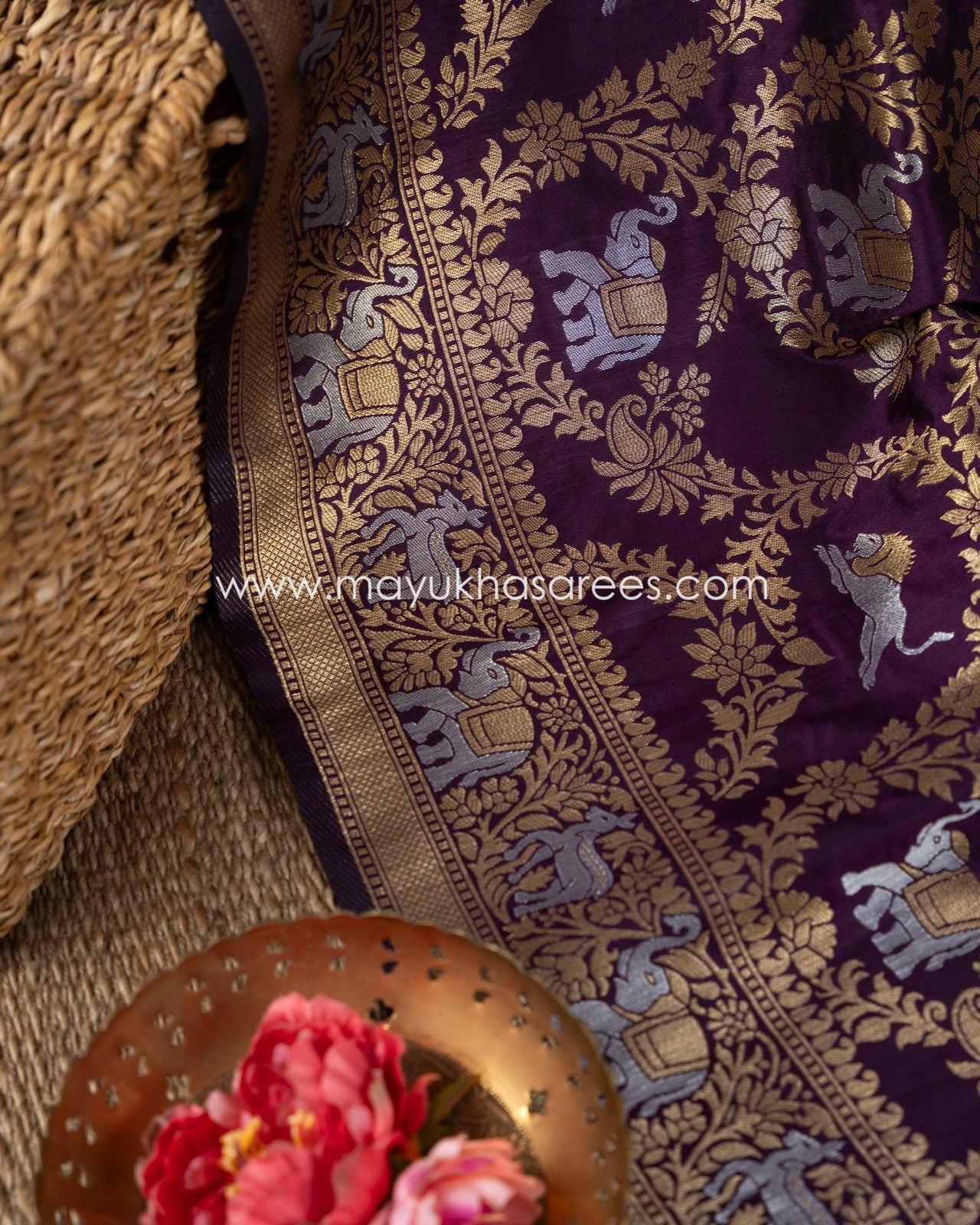 Mystique Wine: Banarasi Soft Silk Saree With Maggam Work