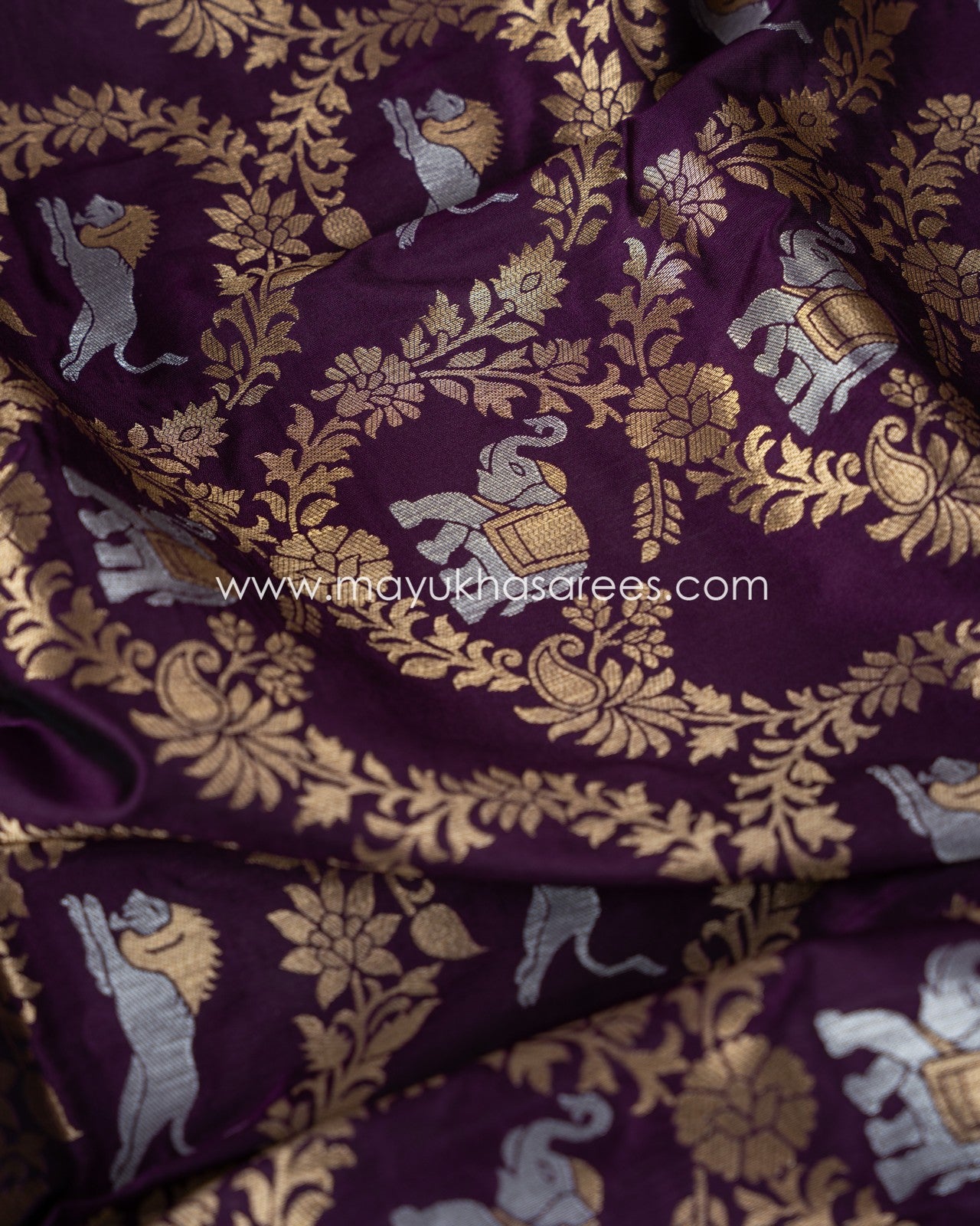 Mystique Wine: Banarasi Soft Silk Saree With Maggam Work