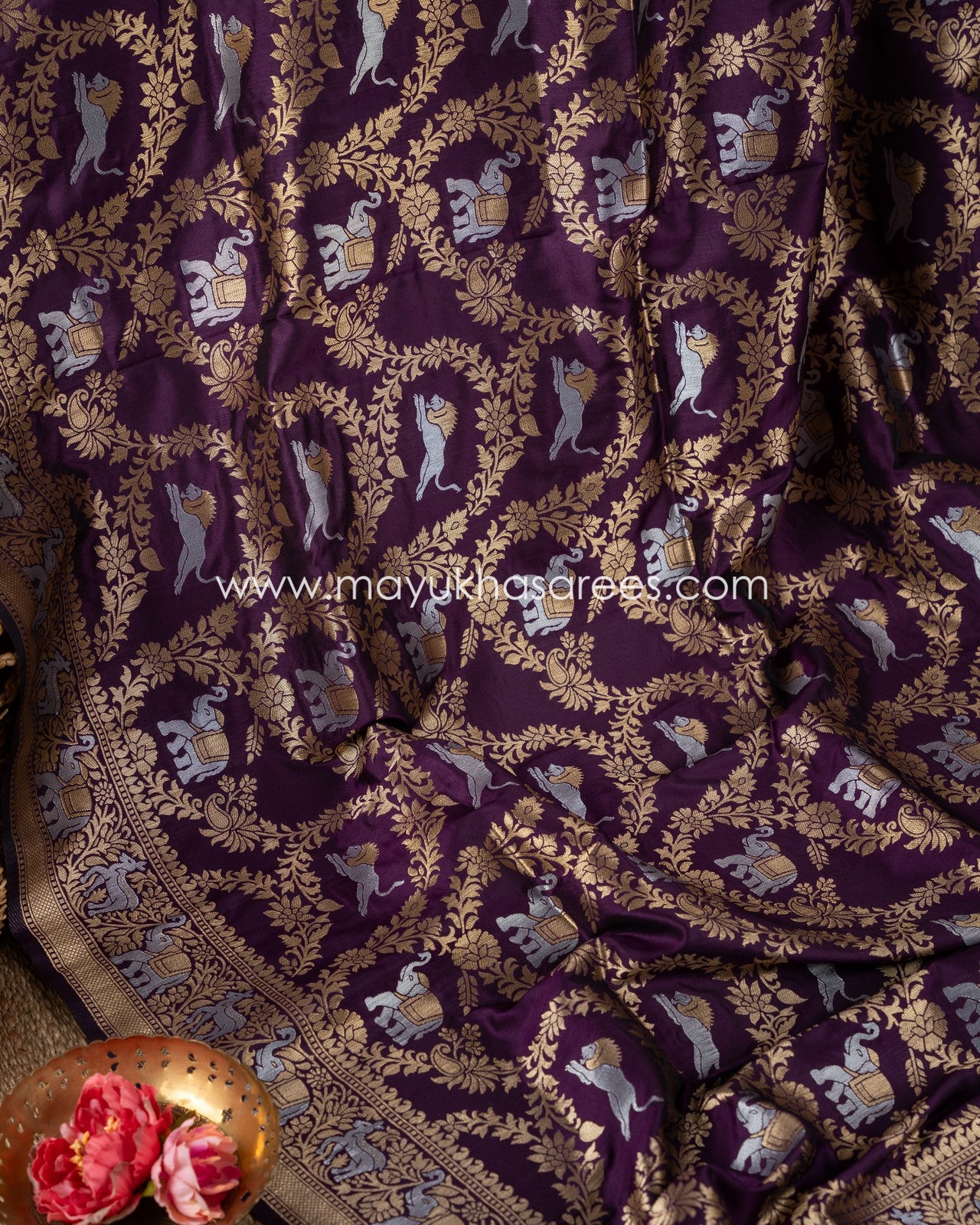Mystique Wine: Banarasi Soft Silk Saree With Maggam Work