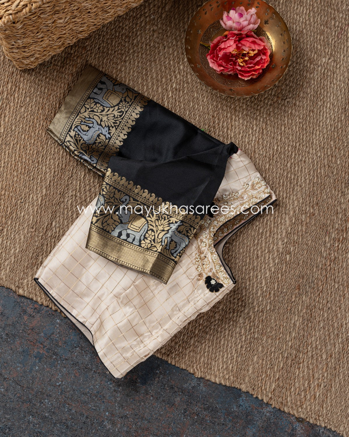 Mystique Black Banarasi Soft Silk Saree With Handcrafted Maggam