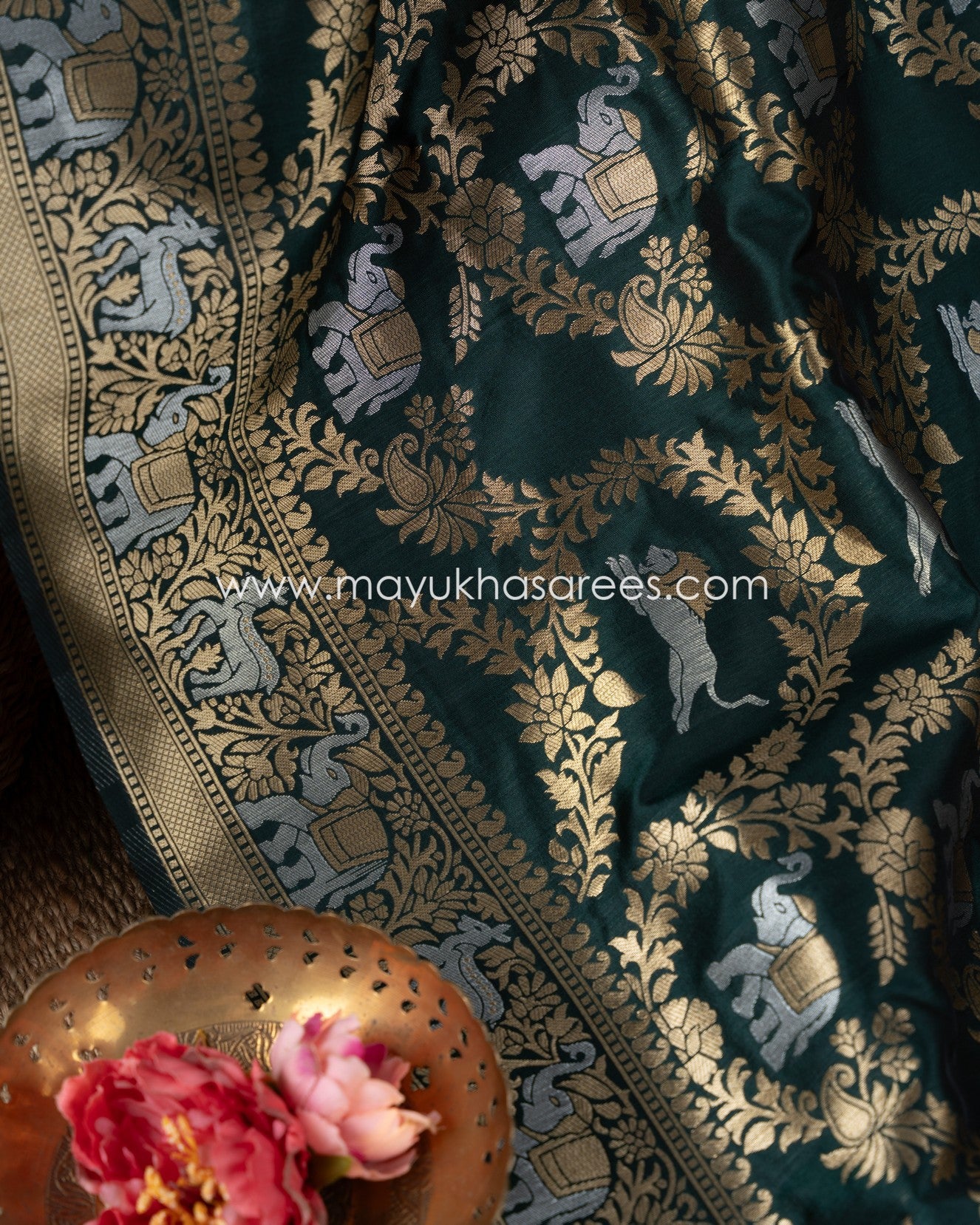 Emerald Green Banarasi Soft Silk Saree With Maggam Hand Work