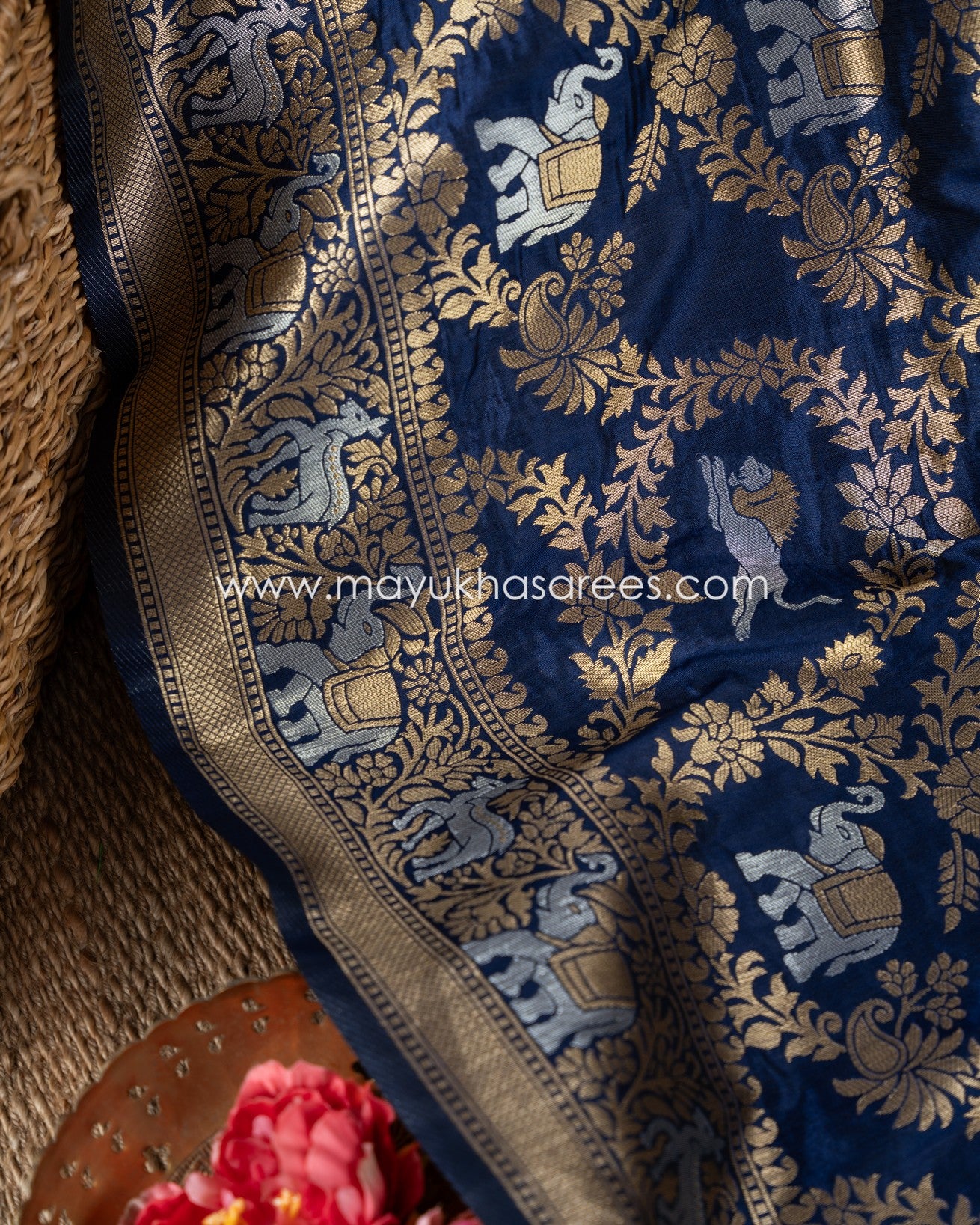 Navy Blue Banarasi Soft Silk Saree With Maggam Hand Work