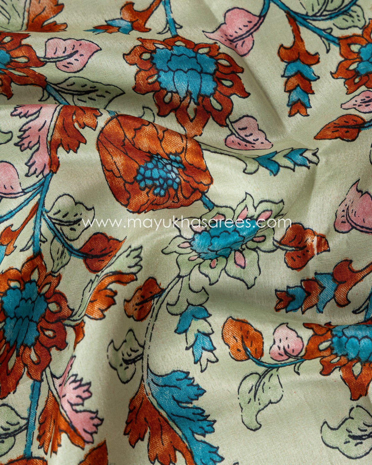 Kalamkari Prints on Munga Silk with Kanchipuram Borders and Stitched Blouse in Size 38 44