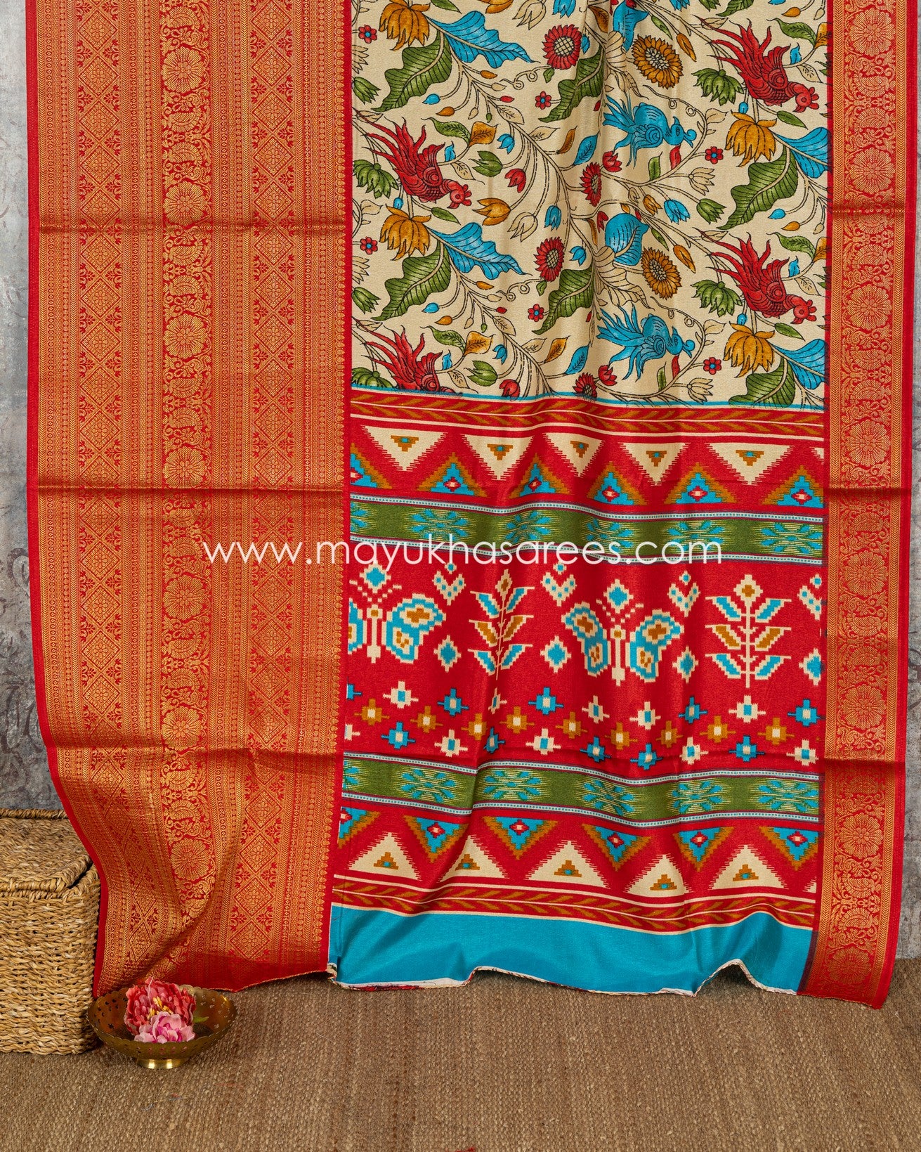 Kalamkari Prints on Munga Silk with Kanchipuram Borders and Stitched Blouse in Size 38 44