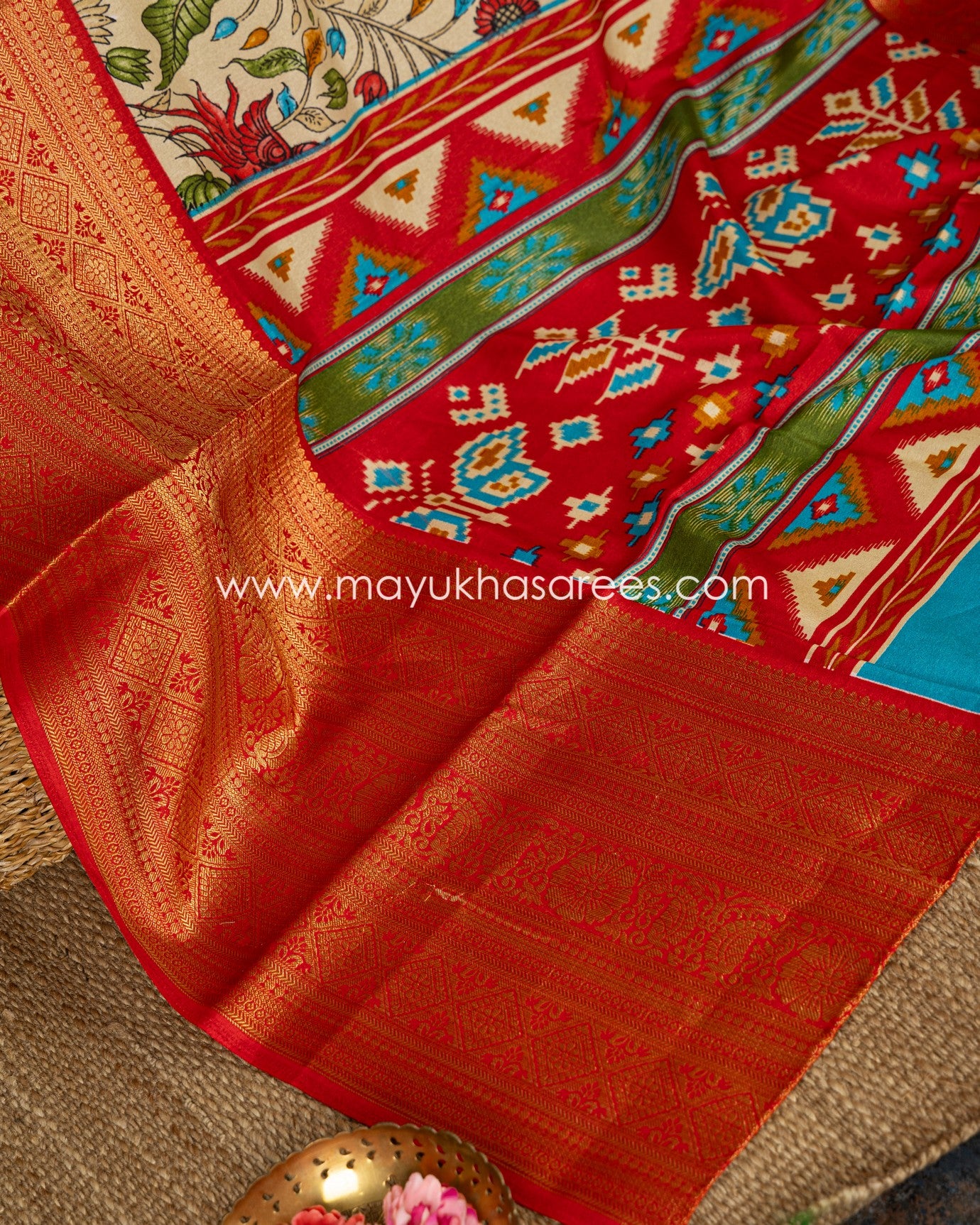 Kalamkari Prints on Munga Silk with Kanchipuram Borders and Stitched Blouse in Size 38 44