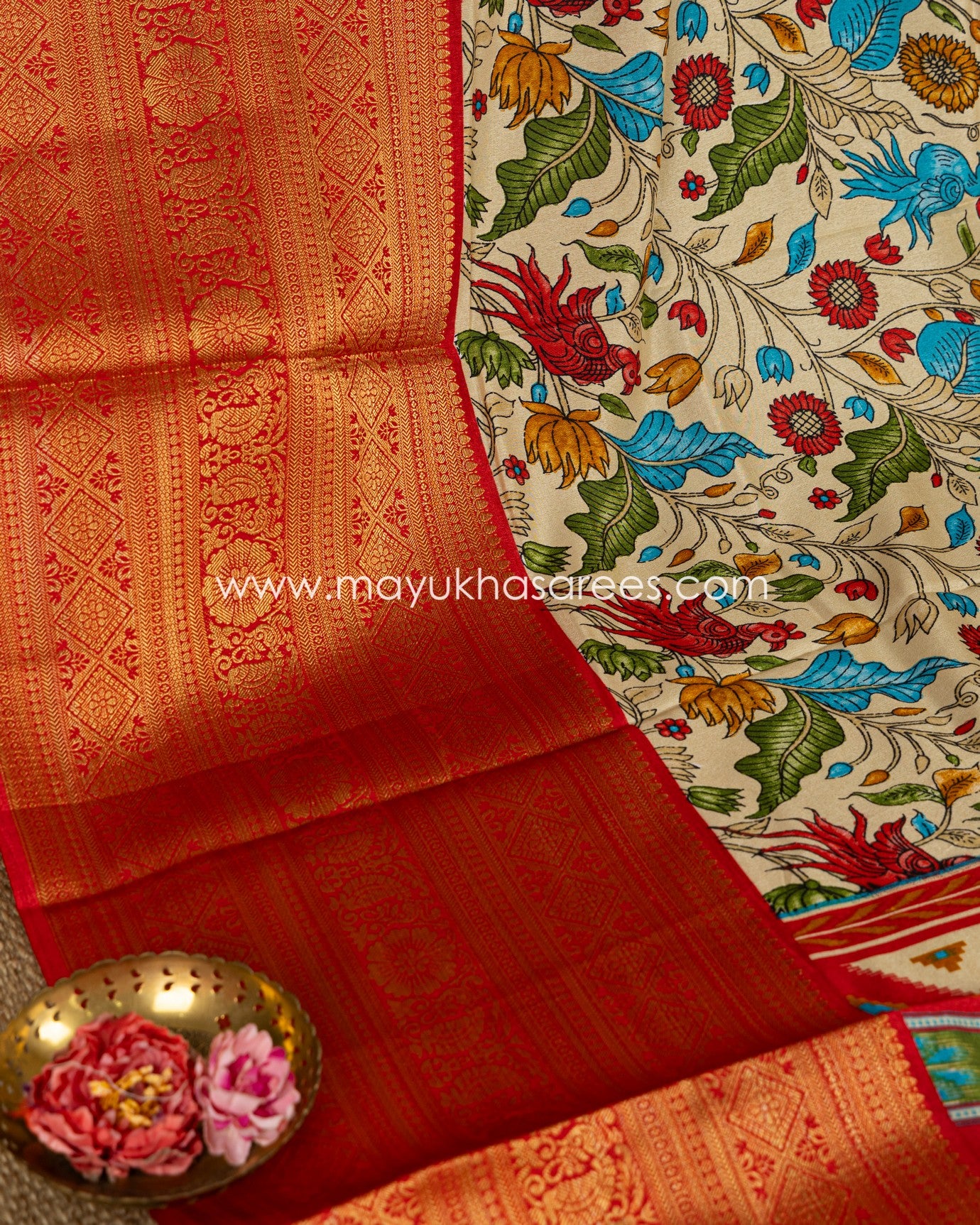 Kalamkari Prints on Munga Silk with Kanchipuram Borders and Stitched Blouse in Size 38 44
