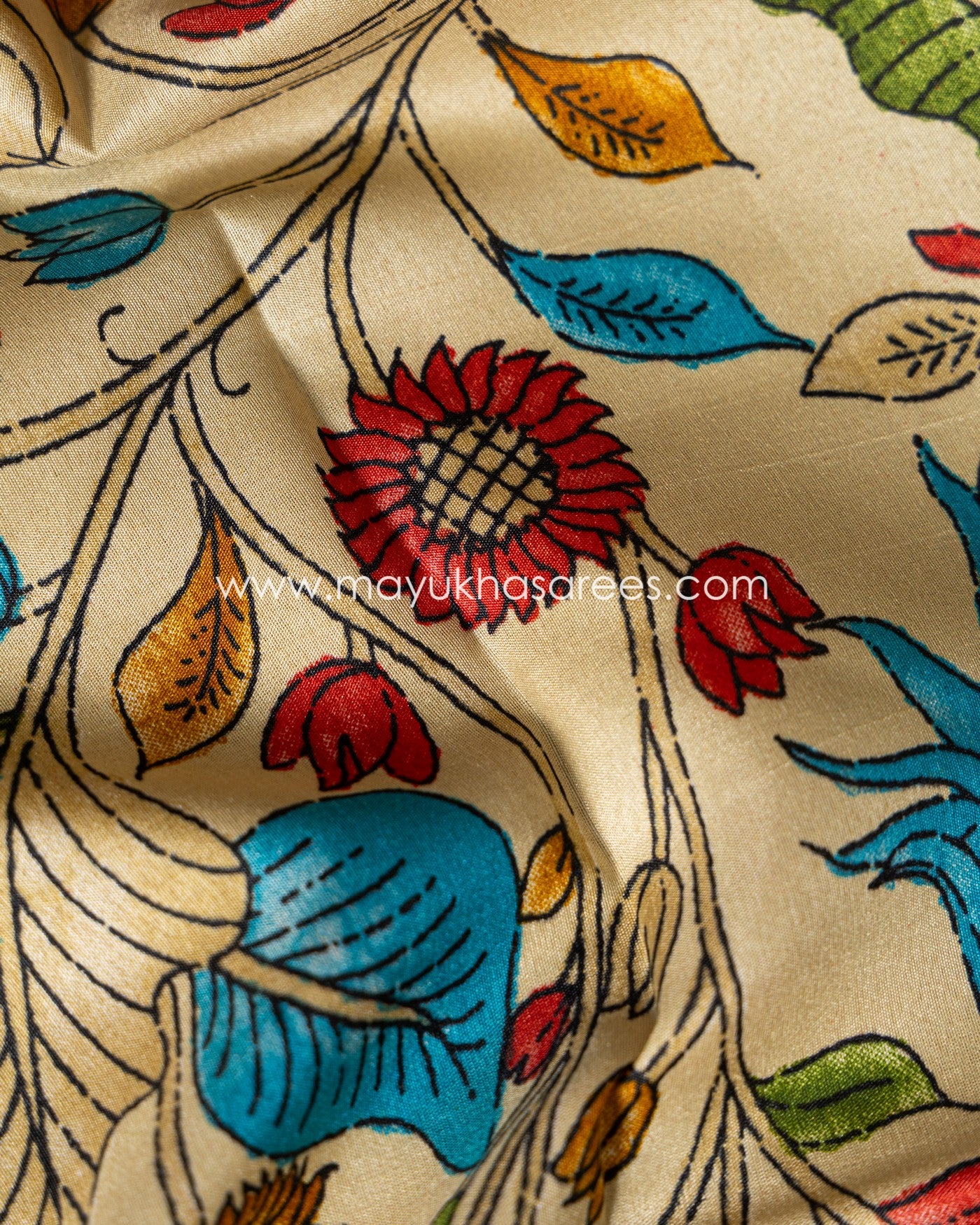 Kalamkari Prints on Munga Silk with Kanchipuram Borders and Stitched Blouse in Size 38 44