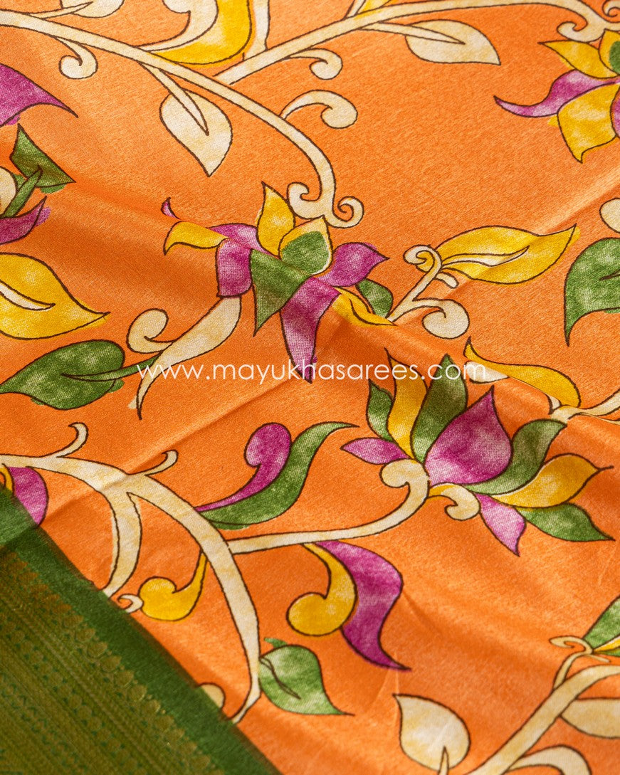 Orange & Green Kalamkari Prints on Munga Silk with Kanchipuram Borders and Stitched Blouse in Size 38-44