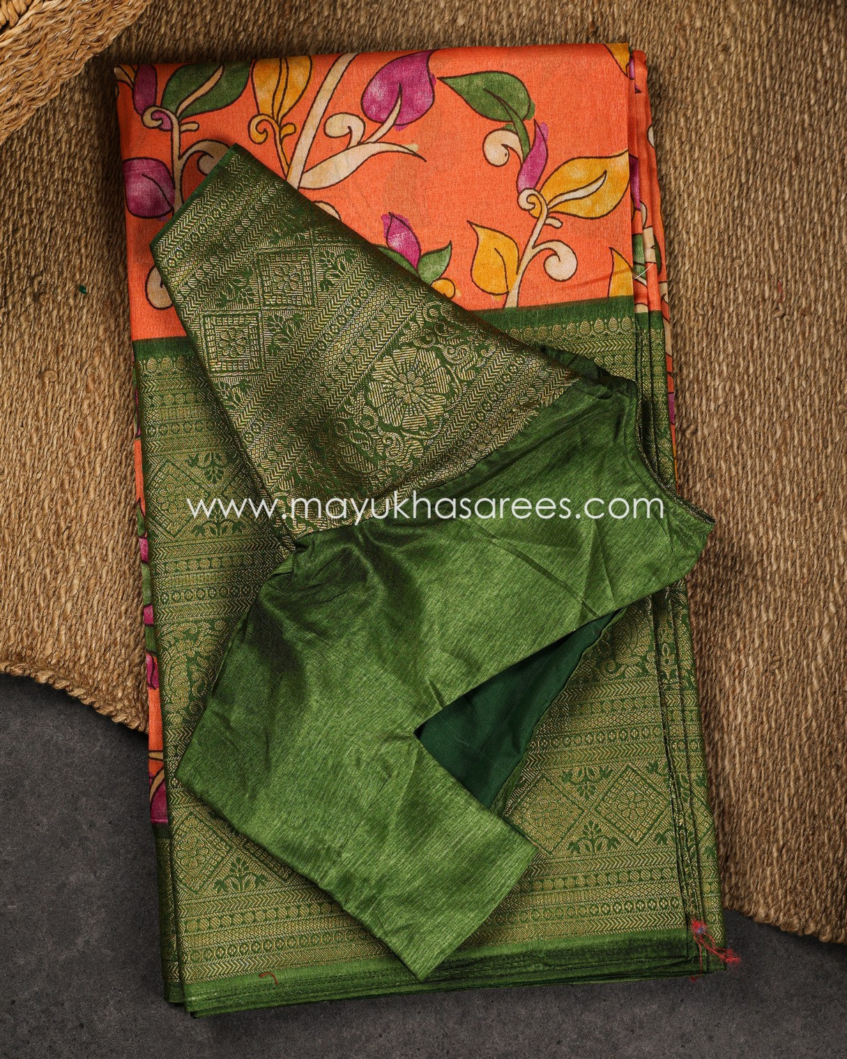 Orange & Green Kalamkari Prints on Munga Silk with Kanchipuram Borders and Stitched Blouse in Size 38-44