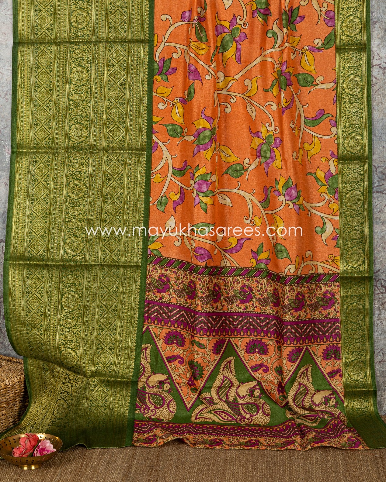 Orange & Green Kalamkari Prints on Munga Silk with Kanchipuram Borders and Stitched Blouse in Size 38-44
