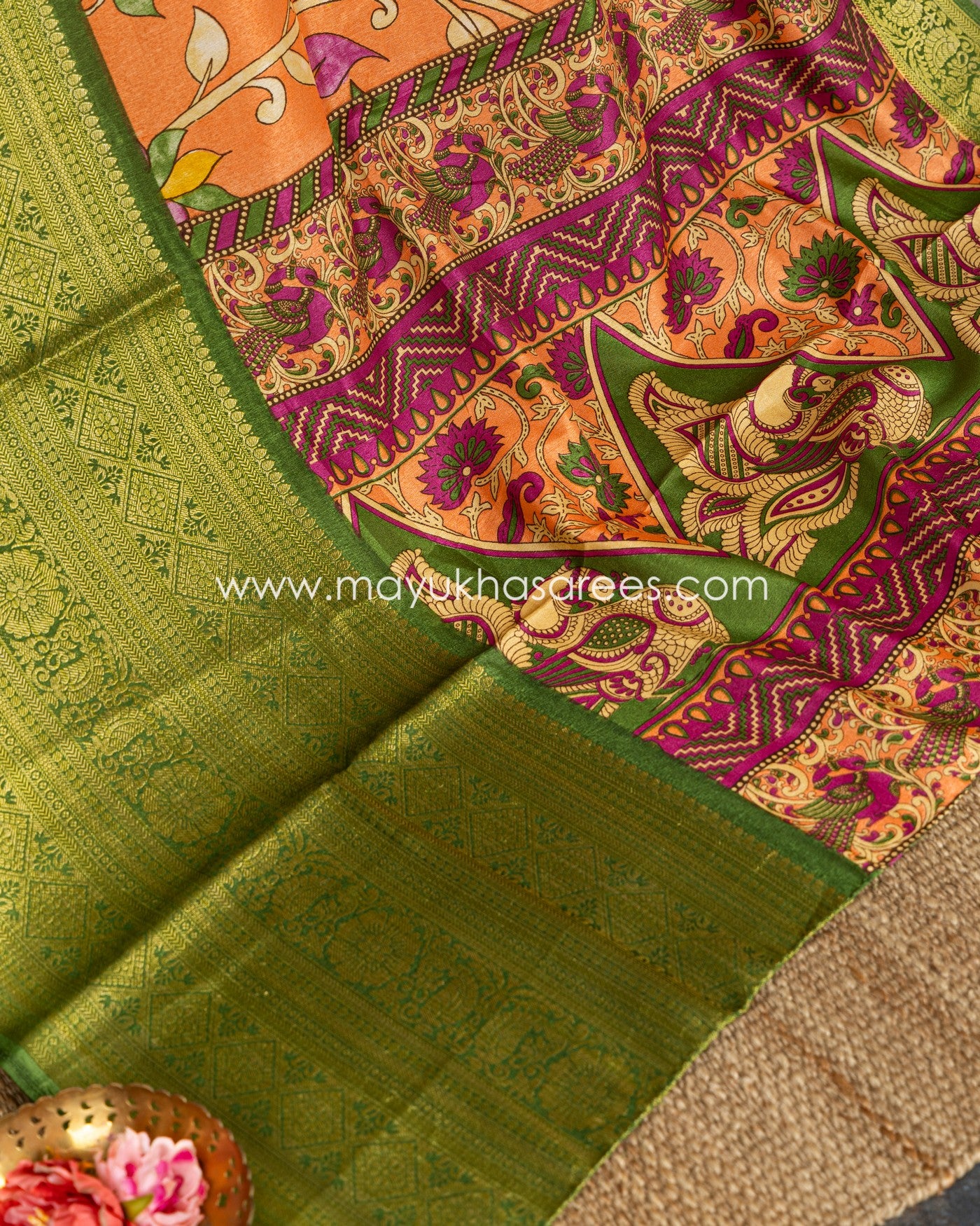 Orange & Green Kalamkari Prints on Munga Silk with Kanchipuram Borders and Stitched Blouse in Size 38-44