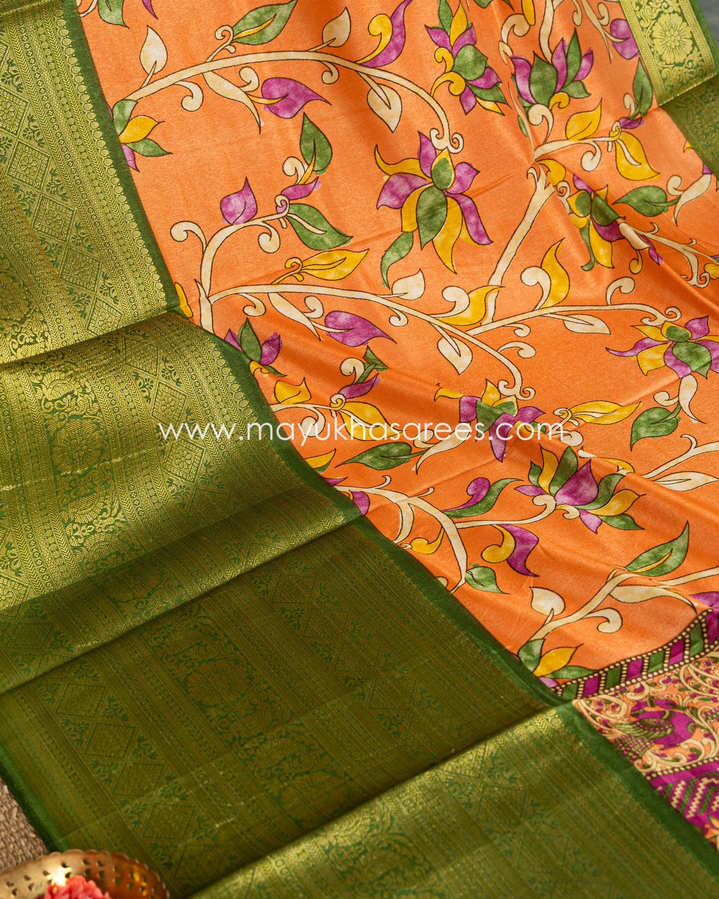 Orange & Green Kalamkari Prints on Munga Silk with Kanchipuram Borders and Stitched Blouse in Size 38-44
