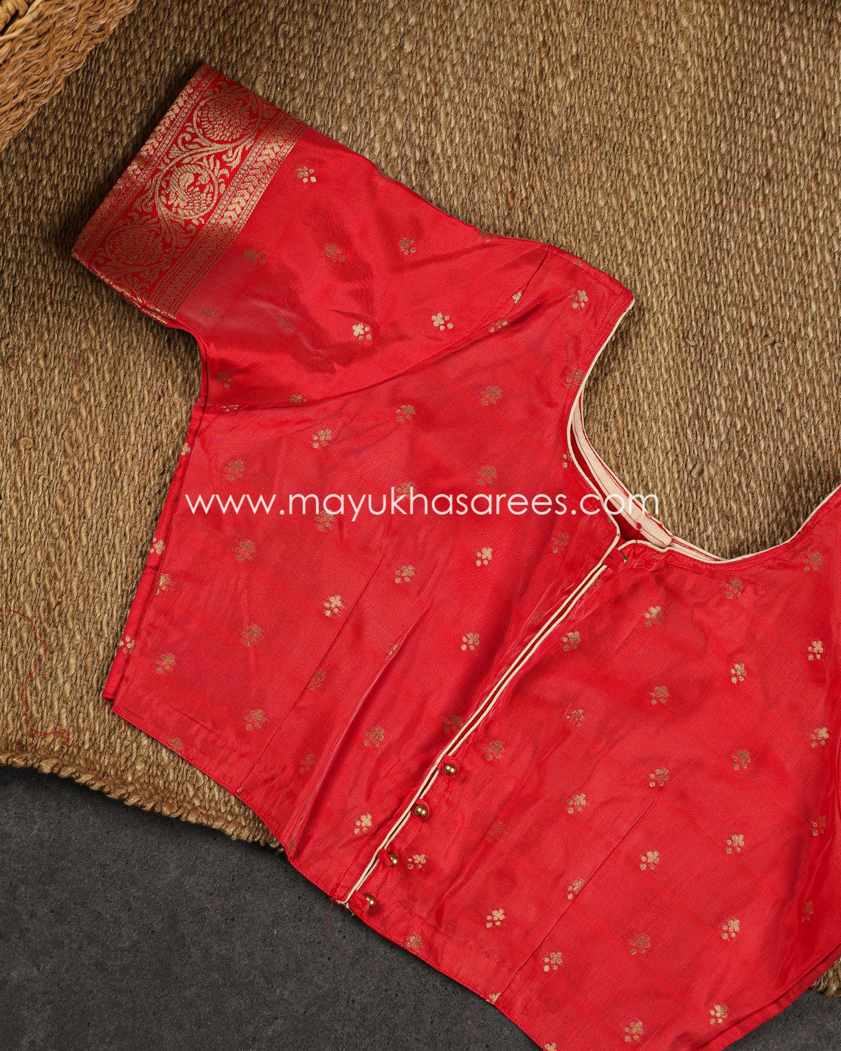 Beige and Red Lotus Printed Semi Kanchipuram with Gap borders and Stitched Blouse in Size 38-44