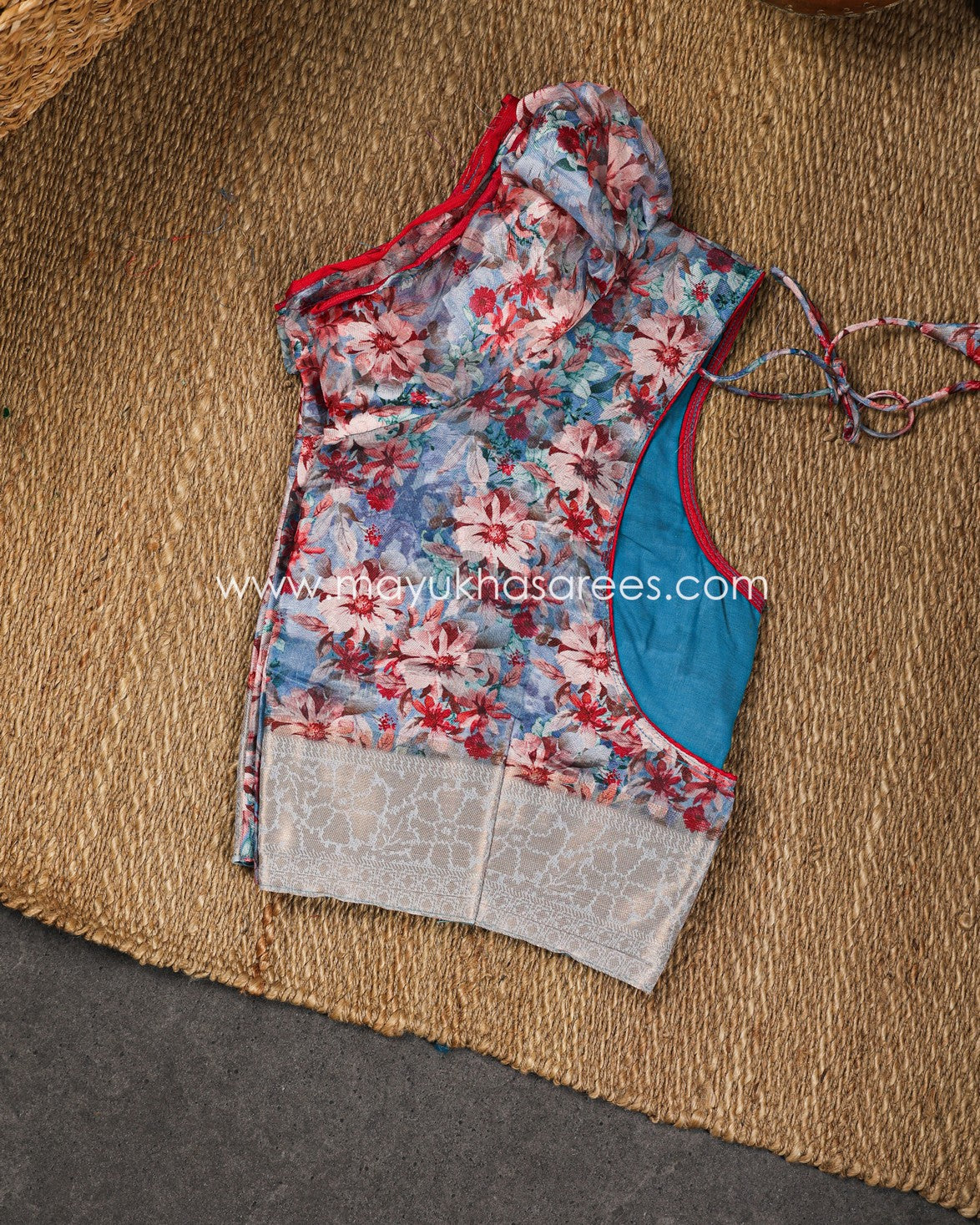 Powder Blue Floral Printed Brasso Gorgette Saree with Stitched Blouse in Size 38 44