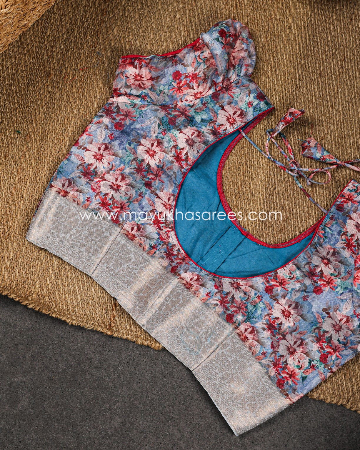 Powder Blue Floral Printed Brasso Gorgette Saree with Stitched Blouse in Size 38 44