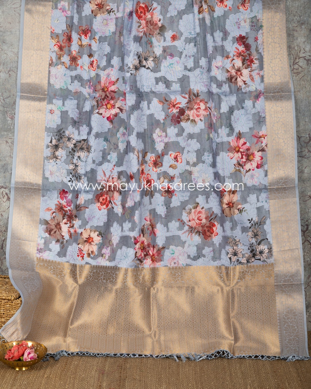 Powder Blue Floral Printed Brasso Gorgette Saree with Stitched Blouse in Size 38 44