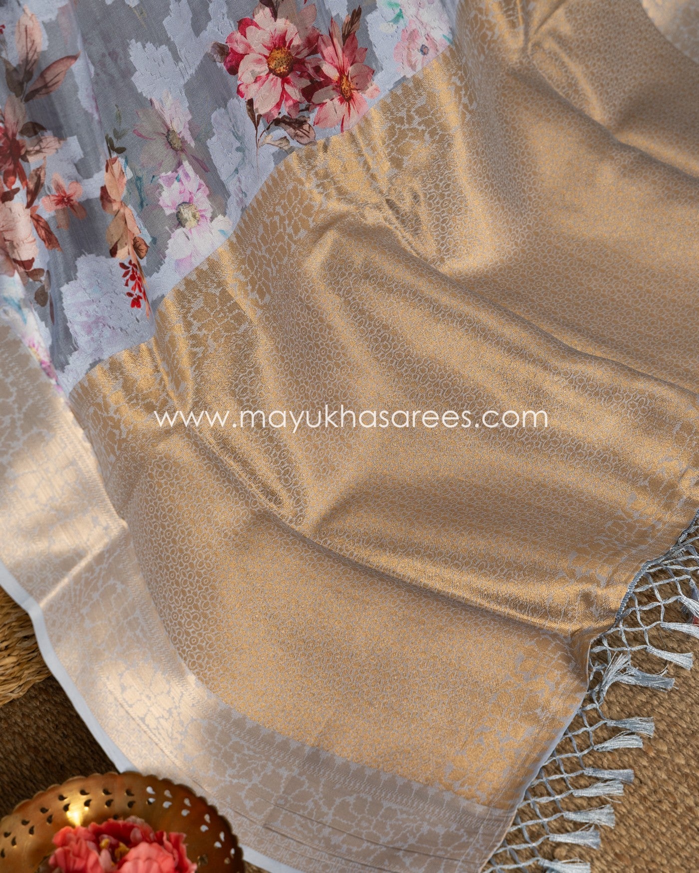 Powder Blue Floral Printed Brasso Gorgette Saree with Stitched Blouse in Size 38 44