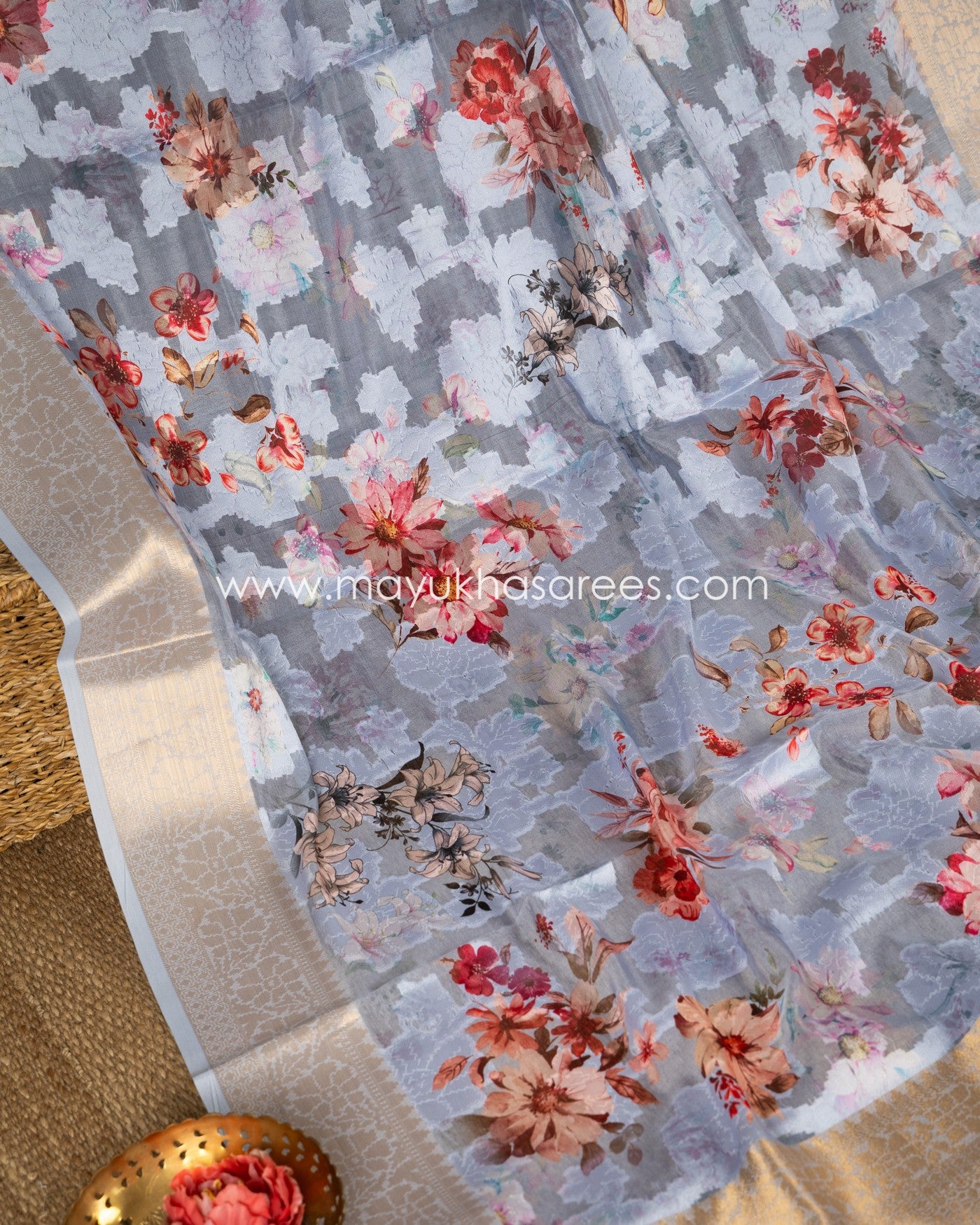 Powder Blue Floral Printed Brasso Gorgette Saree with Stitched Blouse in Size 38 44