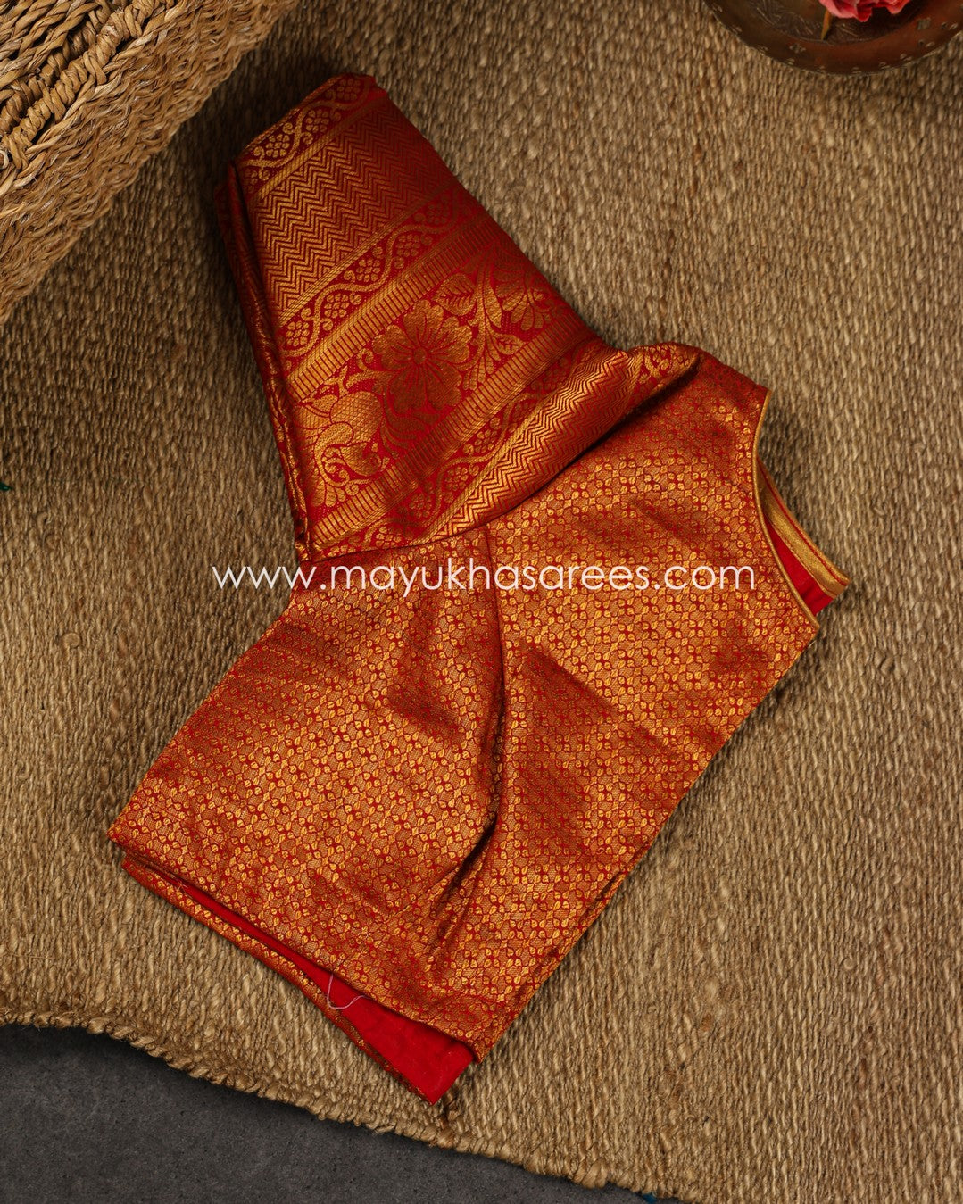 Light Blue and Red Kalamkari Prints on Munga Silk Saree with Kanchipuram borders and Stitched Blouse in Size 38 44