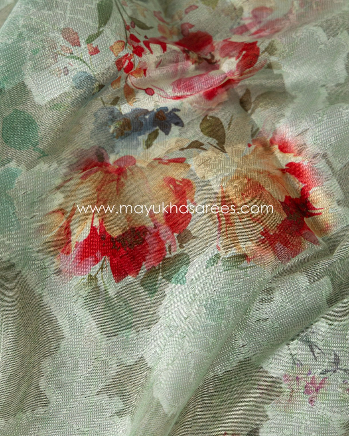 Pastel Green Floral Printed Brasso Gorgette Saree with Stitched Blouse in Size 38 44