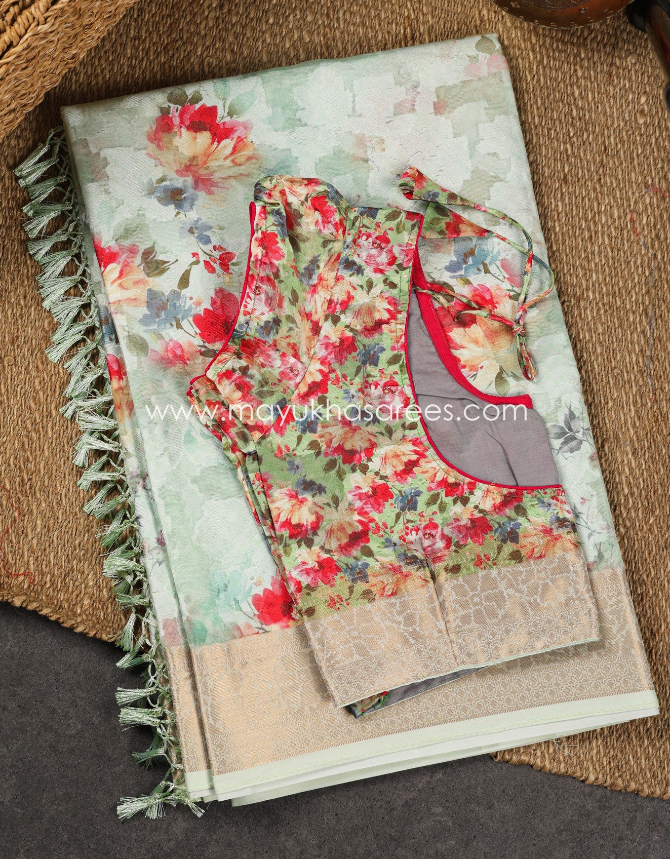 Pastel Green Floral Printed Brasso Gorgette Saree with Stitched Blouse in Size 38 44