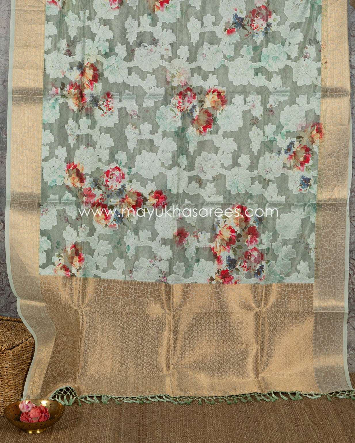 Pastel Green Floral Printed Brasso Gorgette Saree with Stitched Blouse in Size 38 44