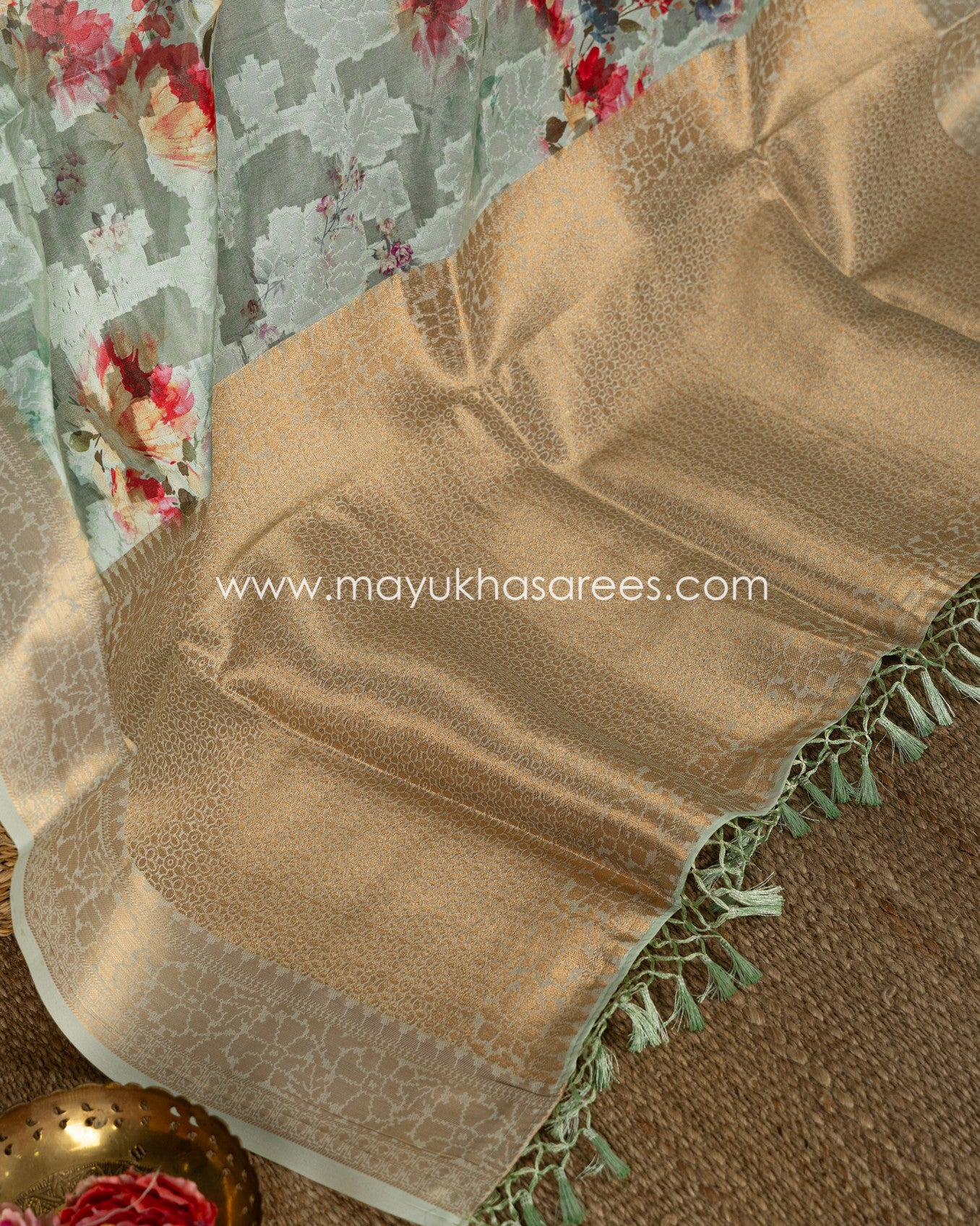 Pastel Green Floral Printed Brasso Gorgette Saree with Stitched Blouse in Size 38 44