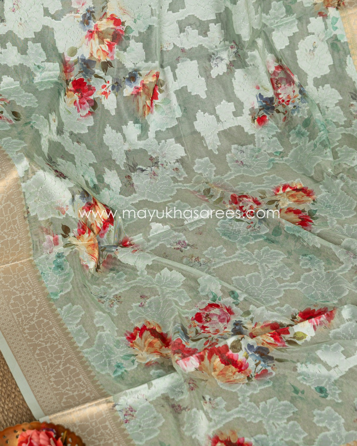 Pastel Green Floral Printed Brasso Gorgette Saree with Stitched Blouse in Size 38 44