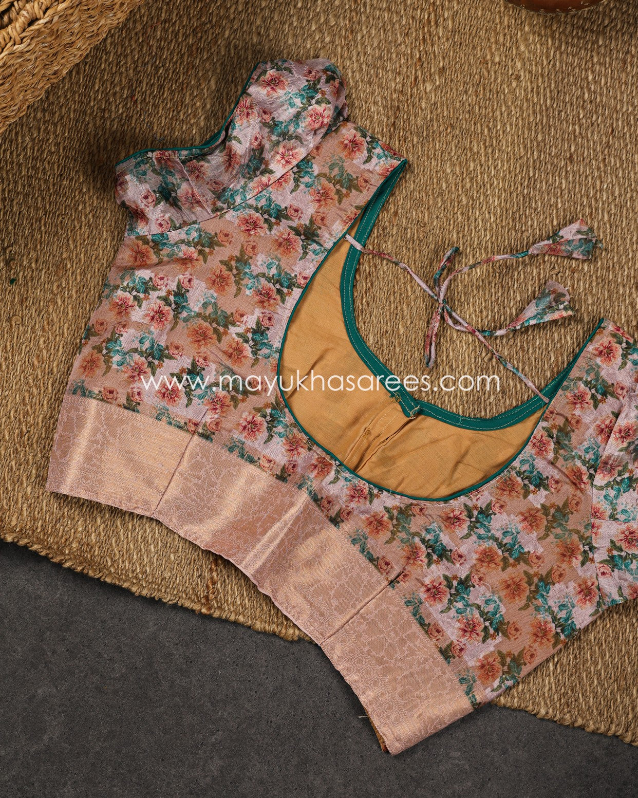 Powder Pink Floral Printed Brasso Gorgette Saree with Stitched Blouse in Size 38 44