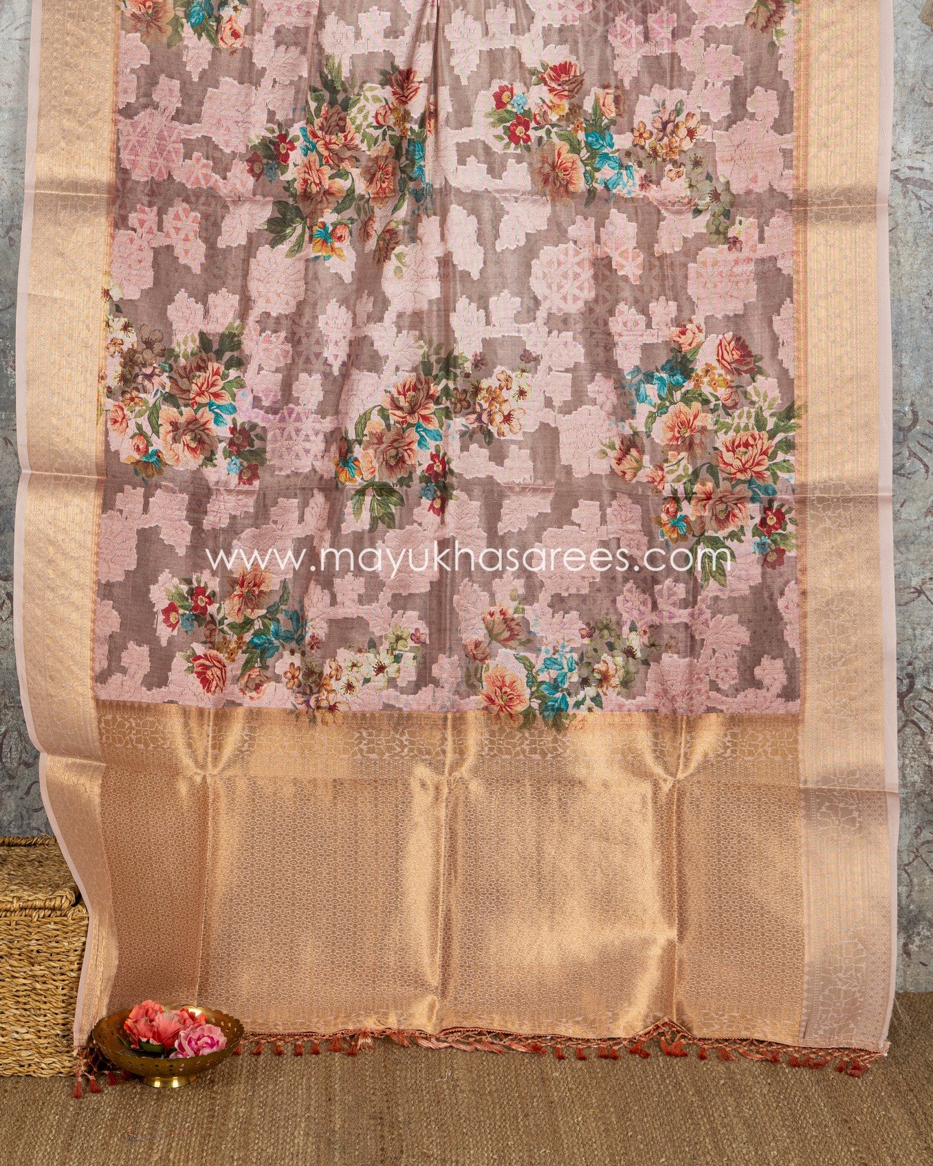 Powder Pink Floral Printed Brasso Gorgette Saree with Stitched Blouse in Size 38 44