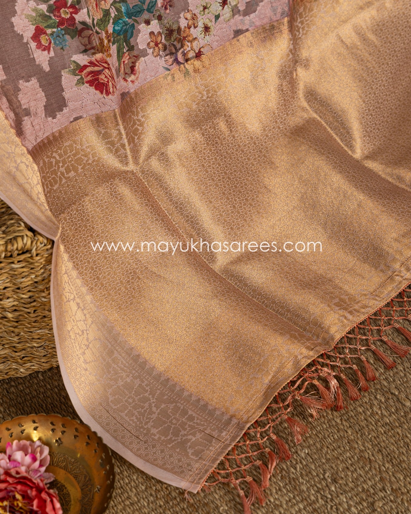 Powder Pink Floral Printed Brasso Gorgette Saree with Stitched Blouse in Size 38 44