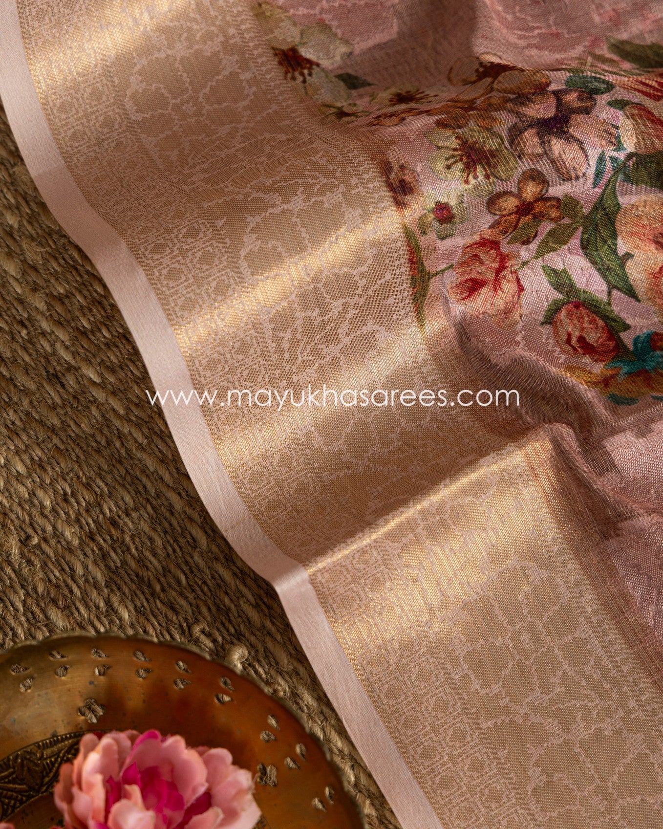 Powder Pink Floral Printed Brasso Gorgette Saree with Stitched Blouse in Size 38 44