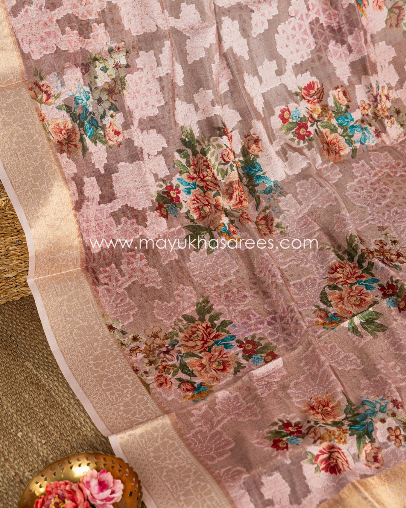 Powder Pink Floral Printed Brasso Gorgette Saree with Stitched Blouse in Size 38 44