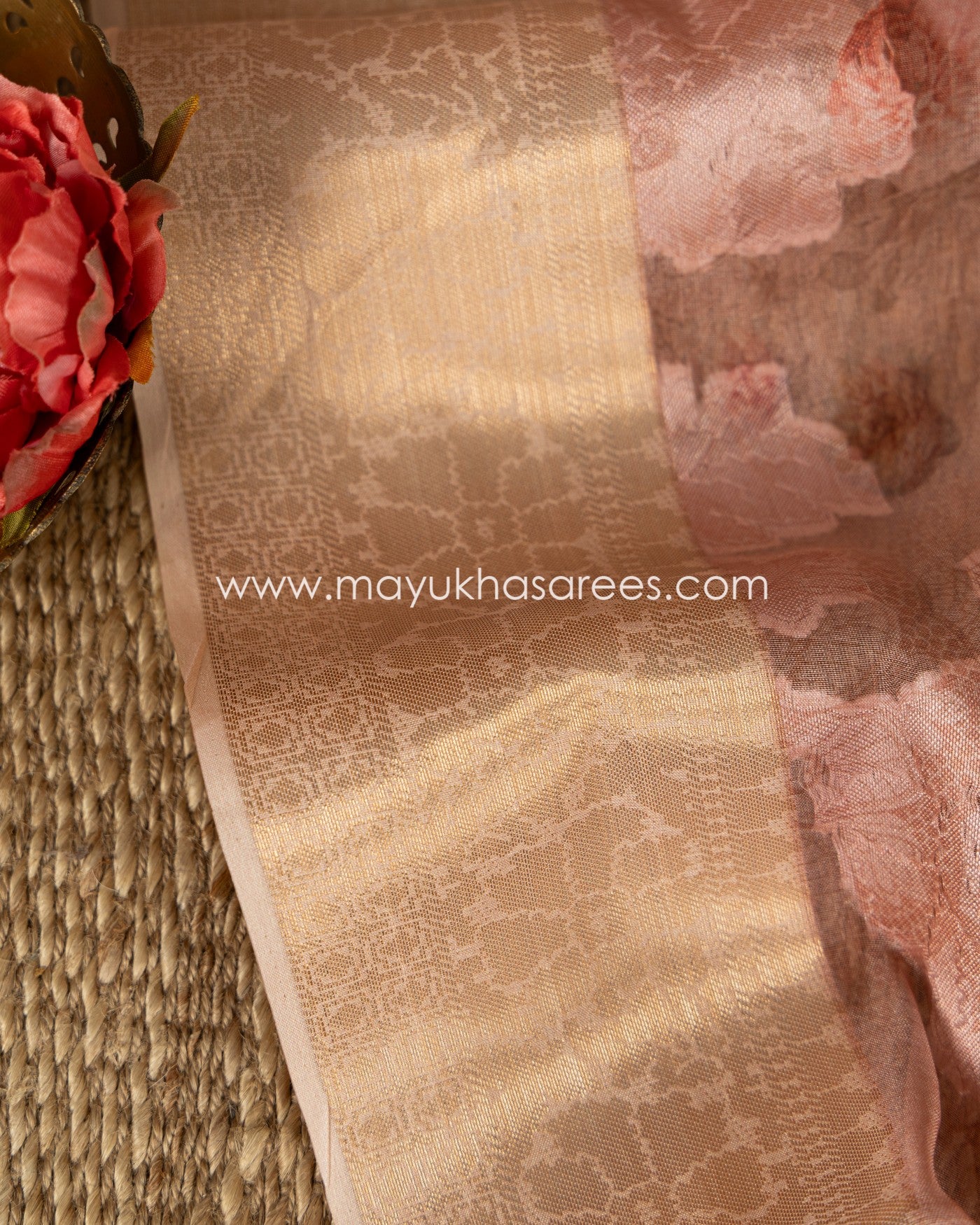 Pastel Peach Floral Printed Brasso Gorgette Saree with Stitched Blouse in Size 38 44