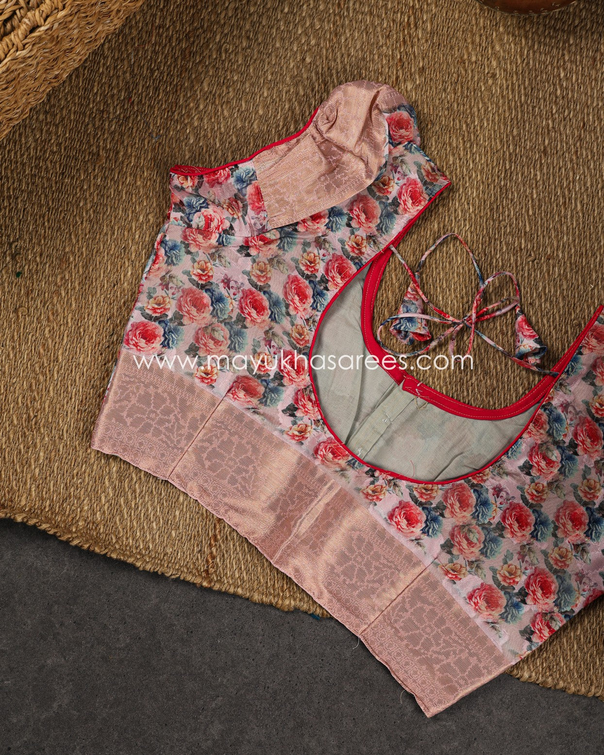 Powder Pink Floral Printed Brasso Gorgette Saree with Stitched Blouse in Size 38 44
