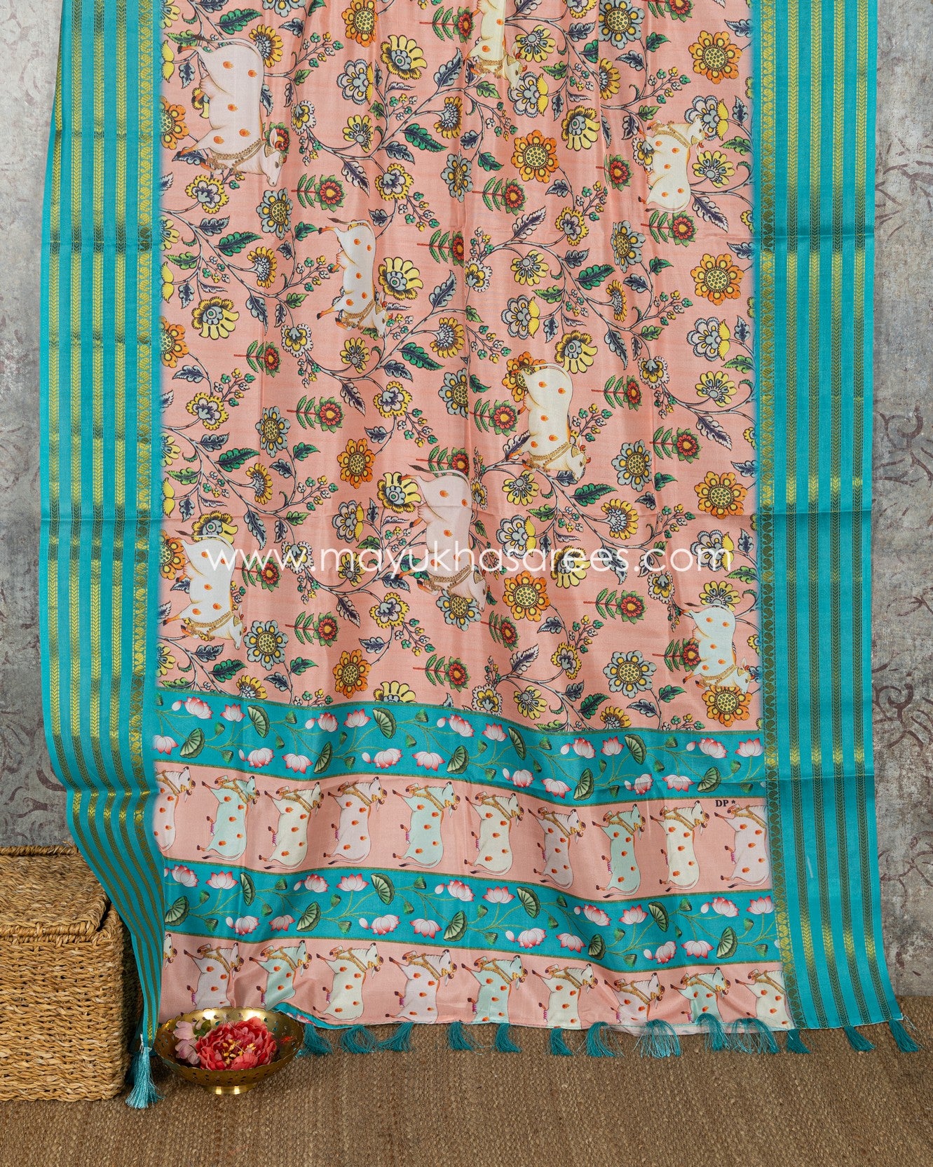 Powder Pink & Blue Dola Silk with Floral kalamkari and Pichwai Printed Saree with Blouse 38 44