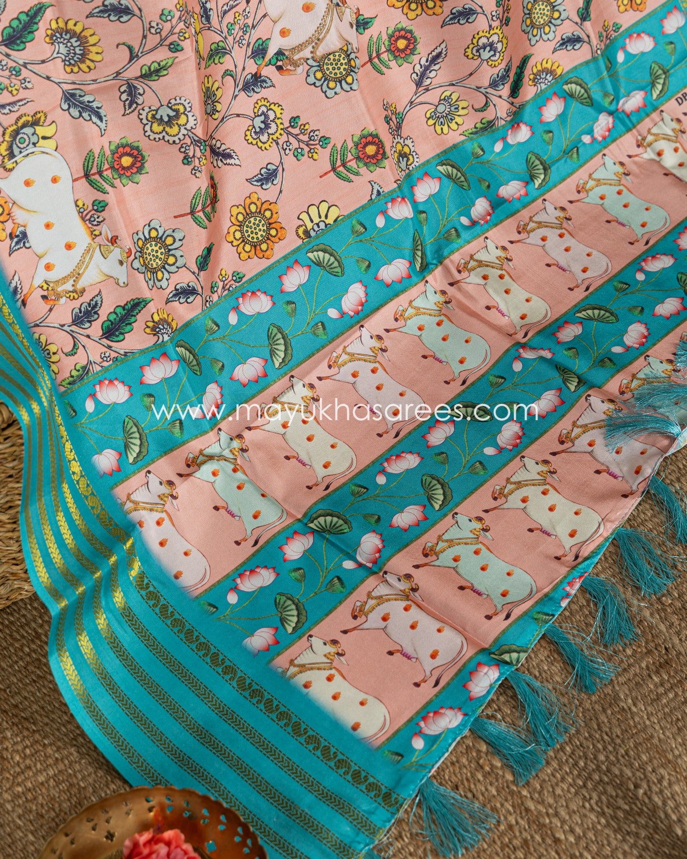 Powder Pink & Blue Dola Silk with Floral kalamkari and Pichwai Printed Saree with Blouse 38 44