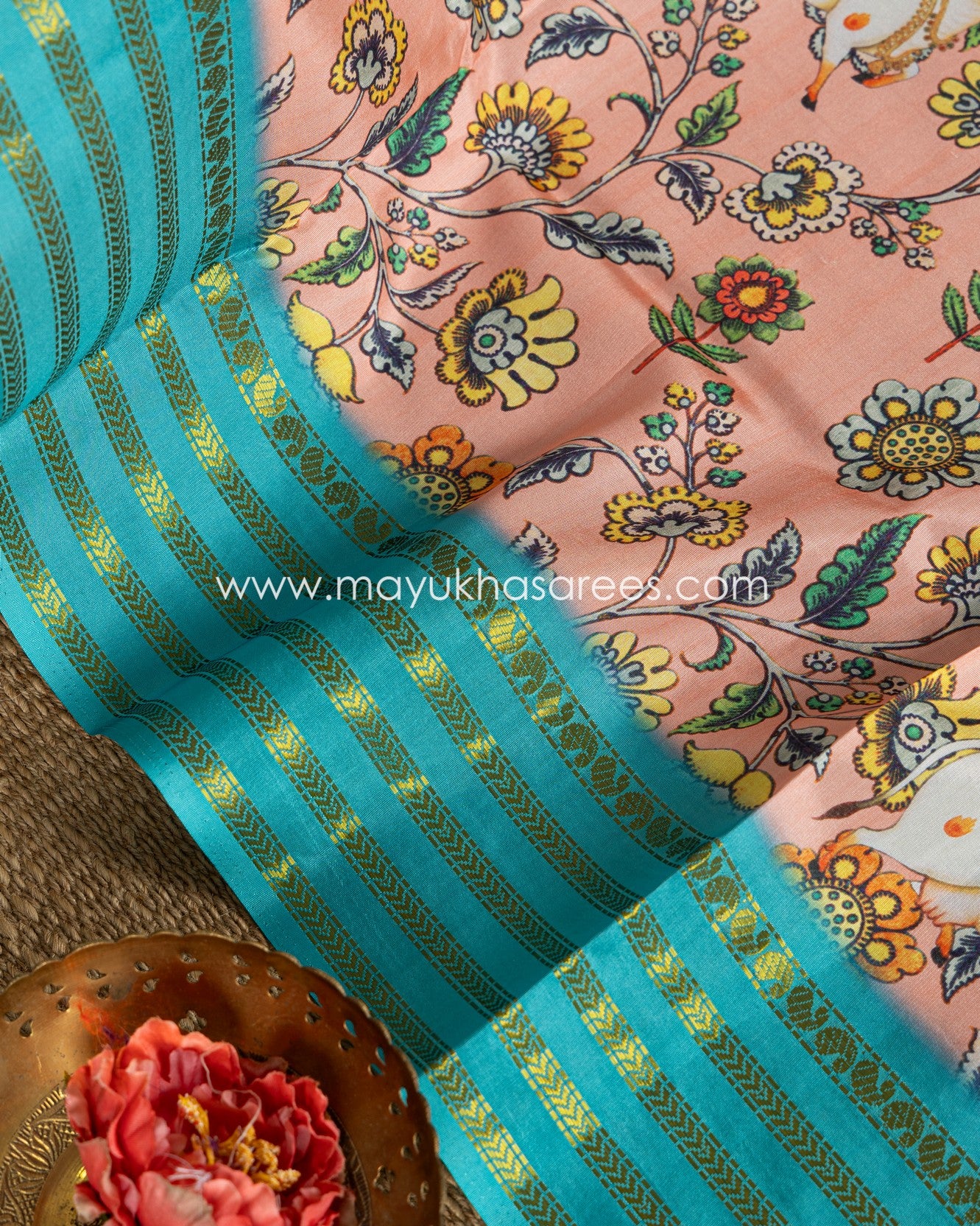Powder Pink & Blue Dola Silk with Floral kalamkari and Pichwai Printed Saree with Blouse 38 44