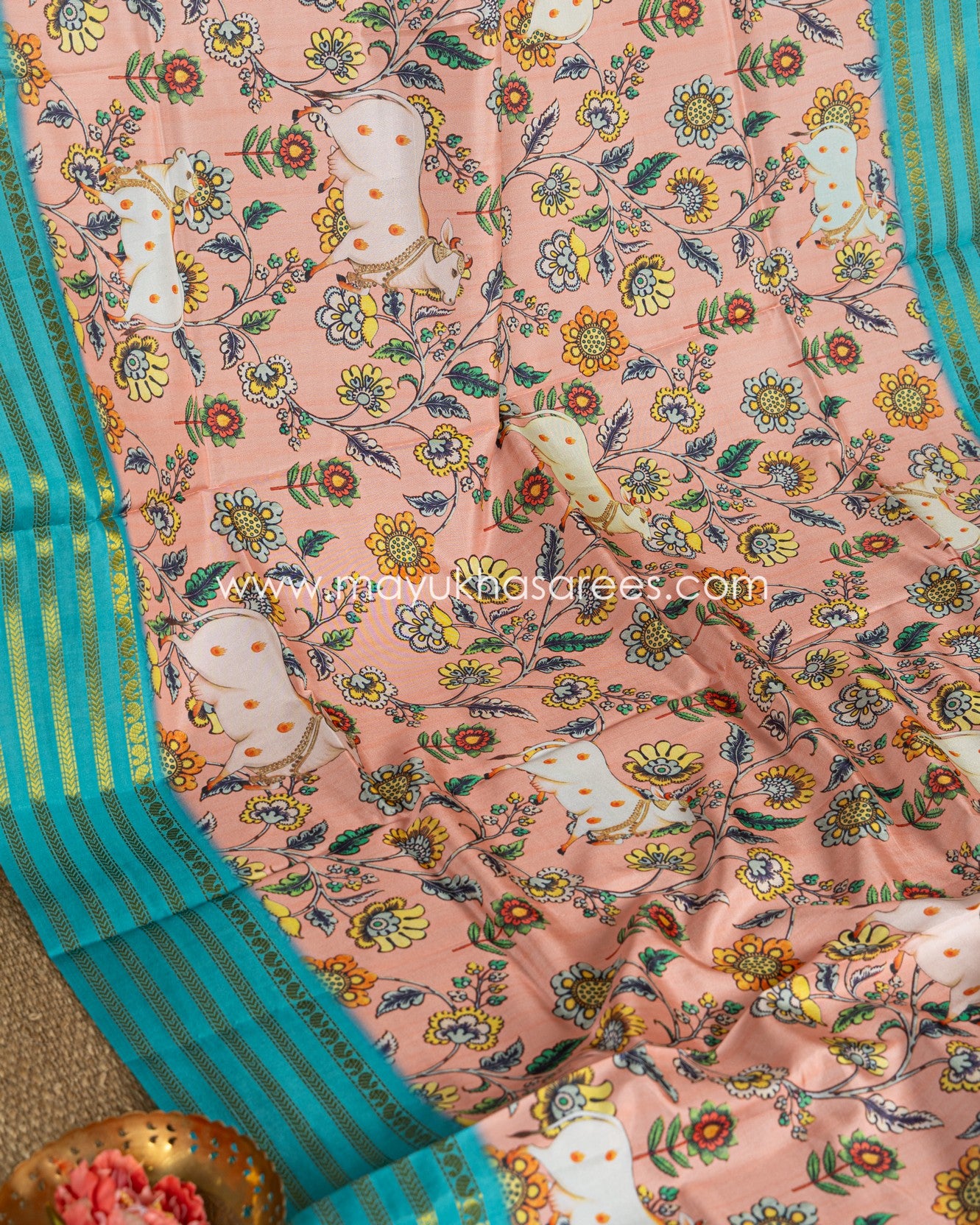 Powder Pink & Blue Dola Silk with Floral kalamkari and Pichwai Printed Saree with Blouse 38 44