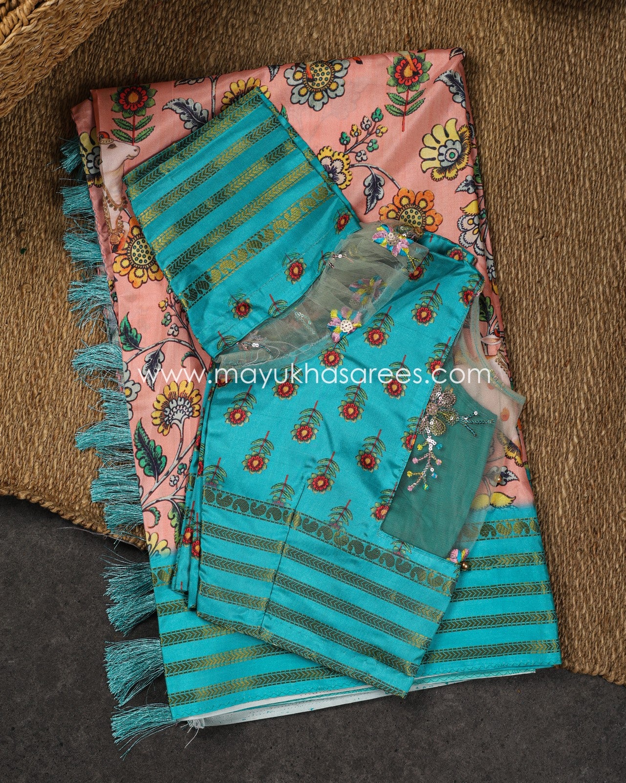 Powder Pink & Blue Dola Silk with Floral kalamkari and Pichwai Printed Saree with Blouse 38 44