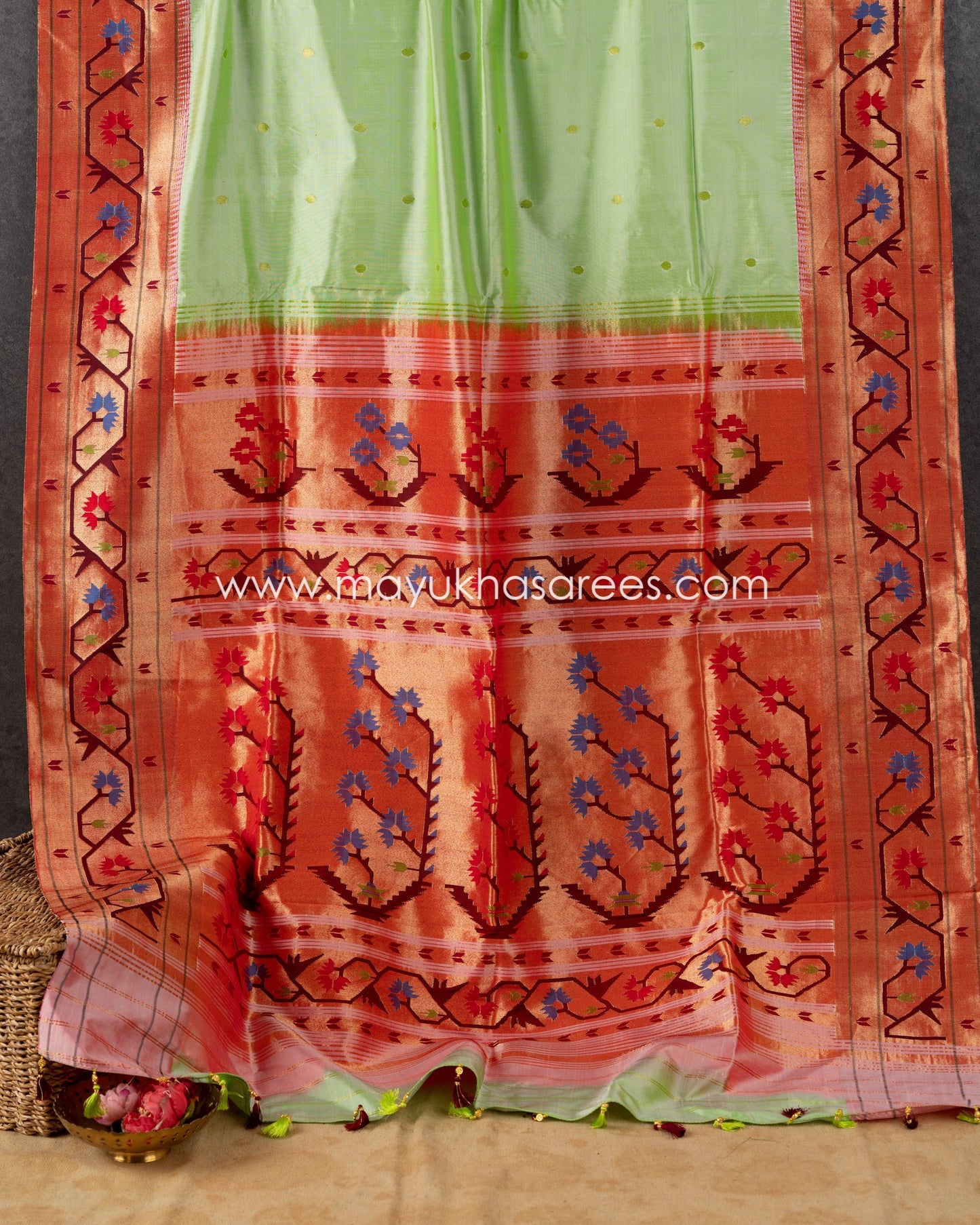 Pastel Green Pure Brocade Paithani with Asawalli Pallu and Stitched Blouse in Size 38 44'
