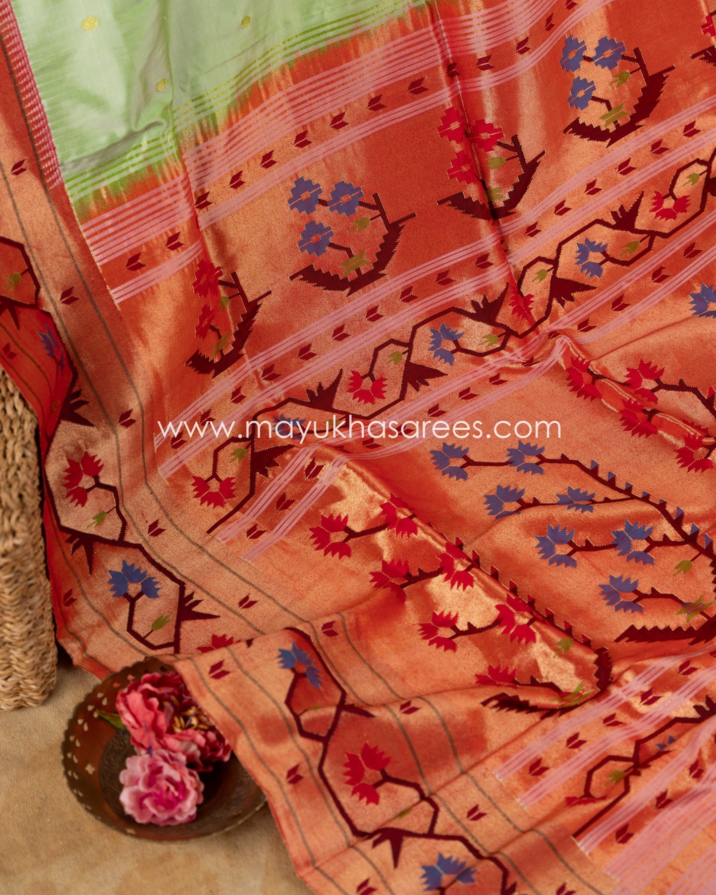 Pastel Green Pure Brocade Paithani with Asawalli Pallu and Stitched Blouse in Size 38 44'