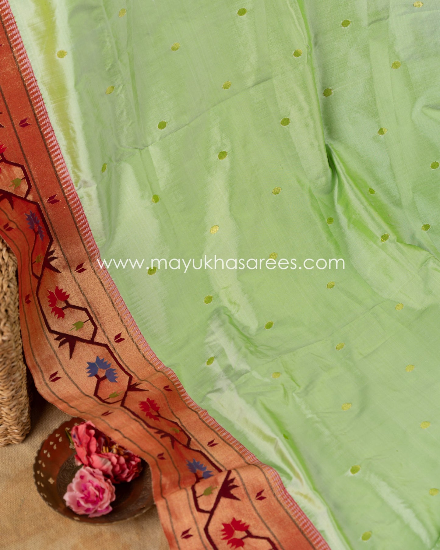 Pastel Green Pure Brocade Paithani with Asawalli Pallu and Stitched Blouse in Size 38 44'