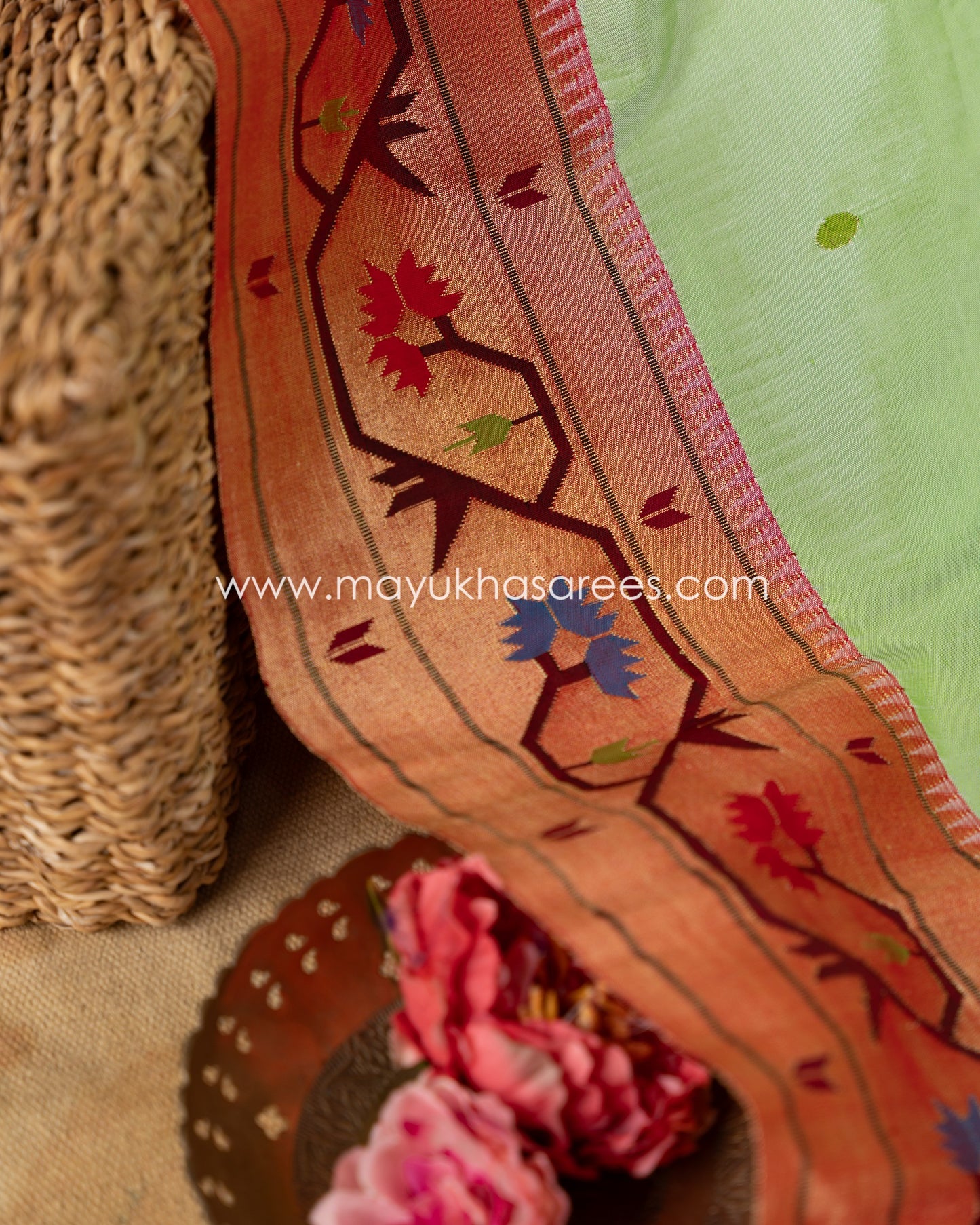 Pastel Green Pure Brocade Paithani with Asawalli Pallu and Stitched Blouse in Size 38 44'