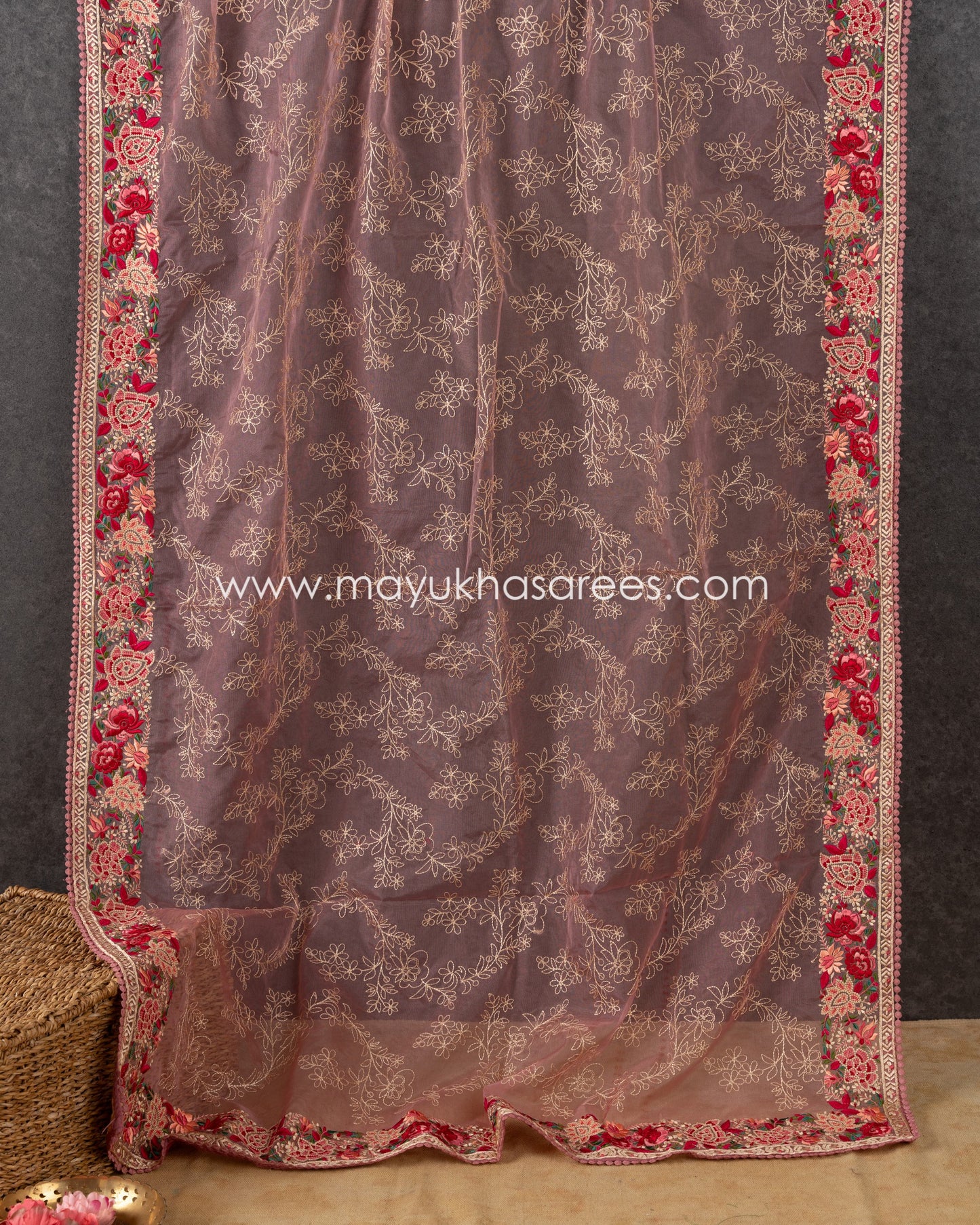 Peach Pure Organza with Machine Parsi Ghara Borders, Chikankari work on Body and Stitched Blouse in Size 38 44