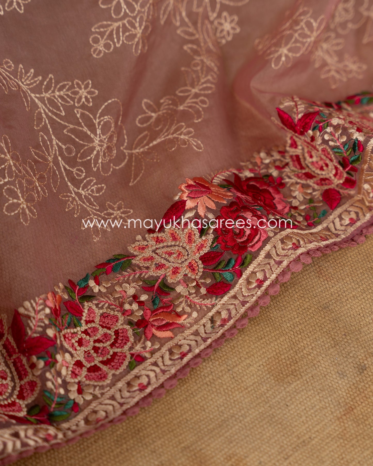 Peach Pure Organza with Machine Parsi Ghara Borders, Chikankari work on Body and Stitched Blouse in Size 38 44